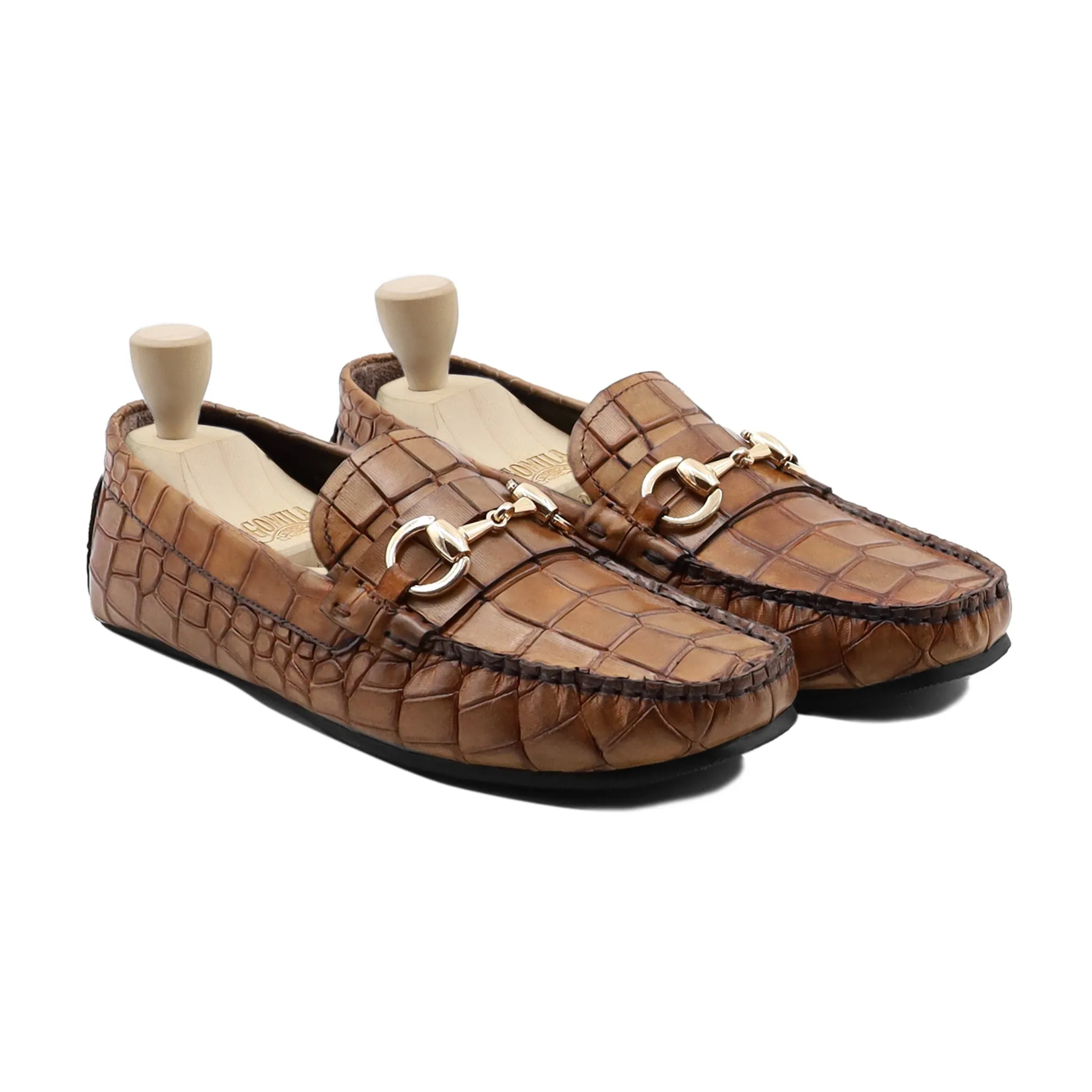 Light Brown Crocodile Driver Loafers - ACY