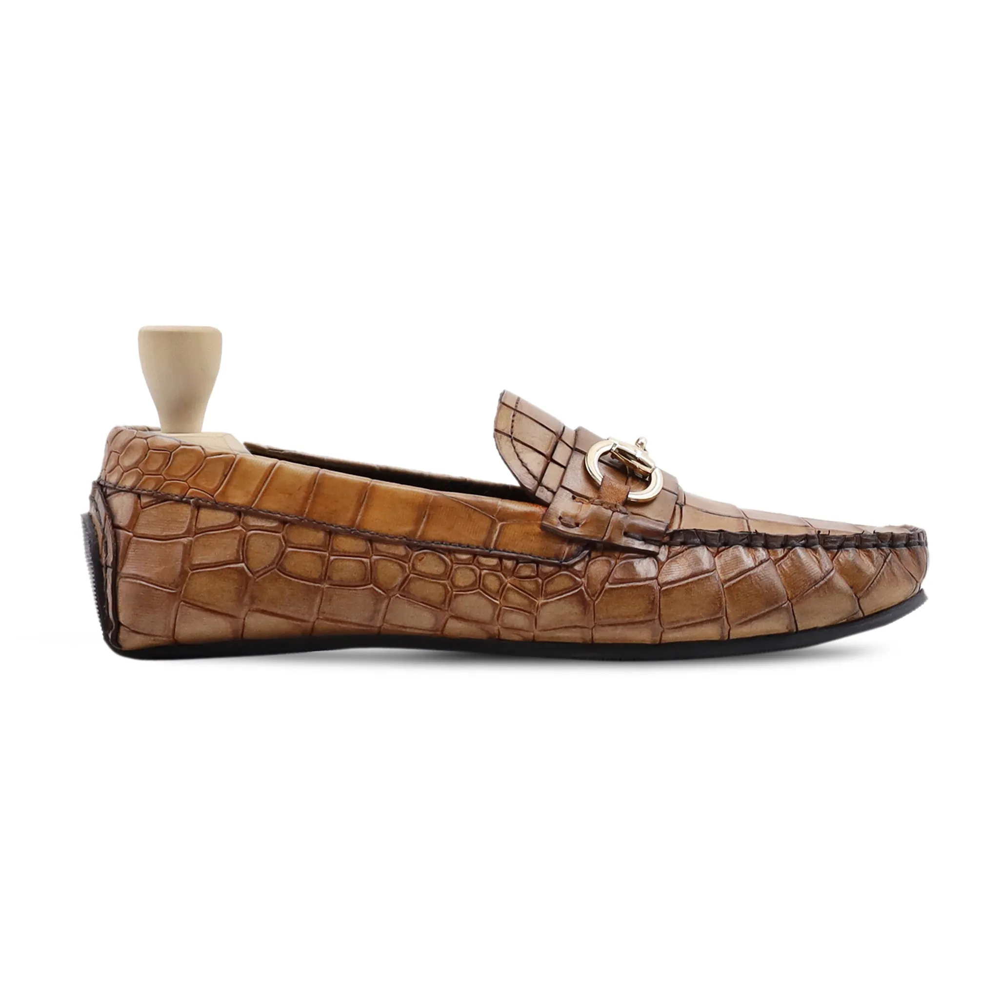 Light Brown Crocodile Driver Loafers - ACY