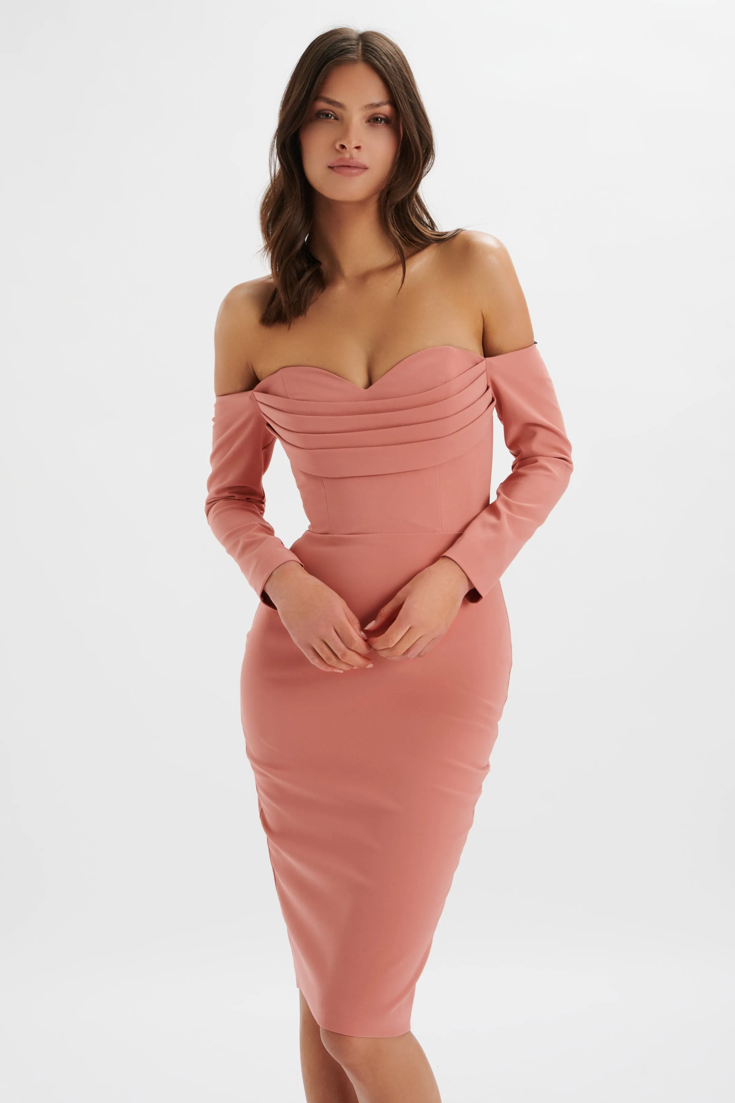 Lila Bardot Draped Bust Bodycon Midi Dress Rose Pink