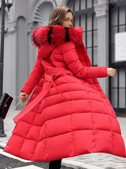 Long Winter Coat with Removable Faux Fur Collar & Belt