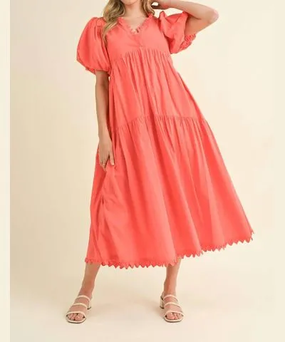 Coral Scallop Trim Tiered Midi Dress Merci