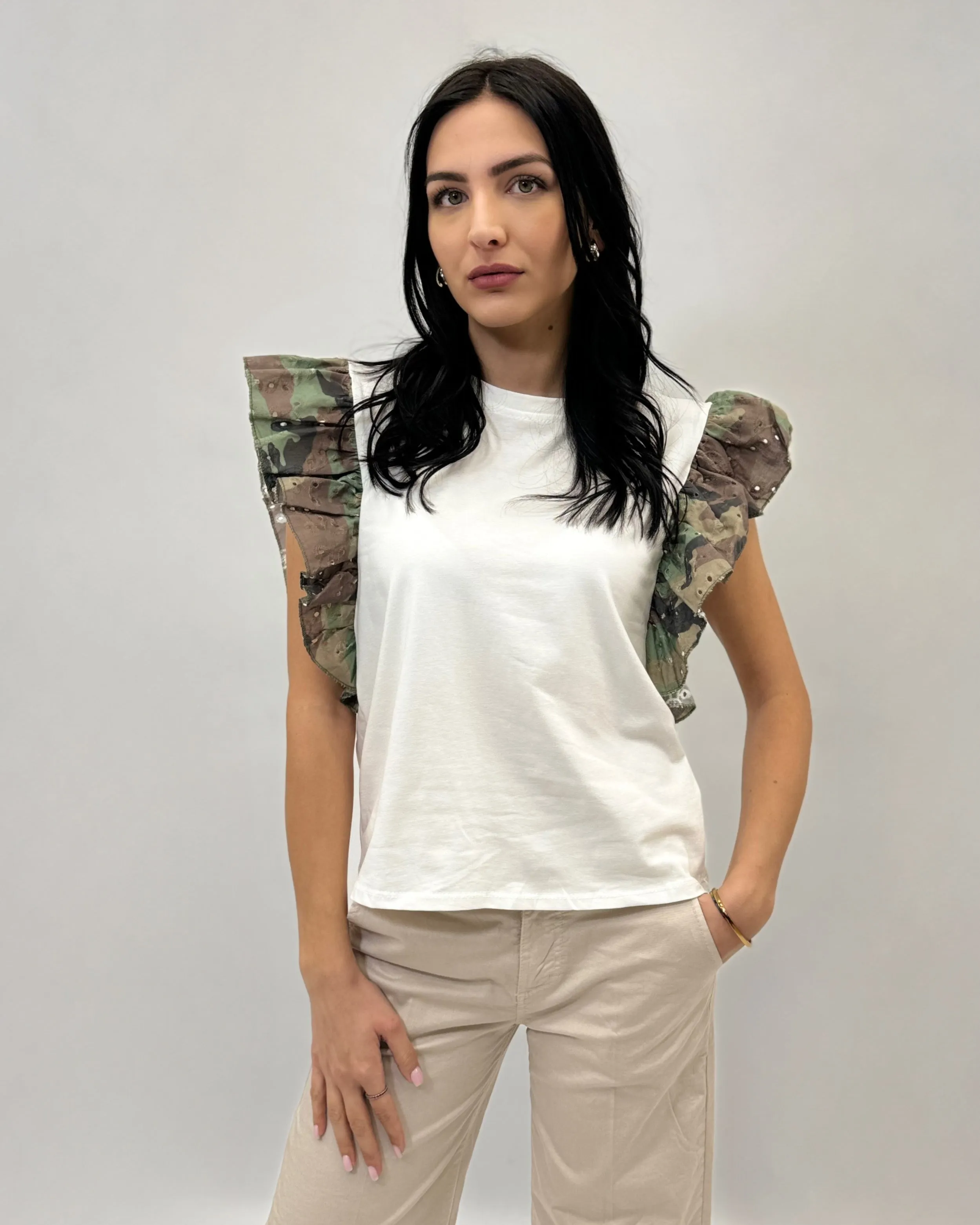 Military Sangallo Lace Sleeve T-shirt