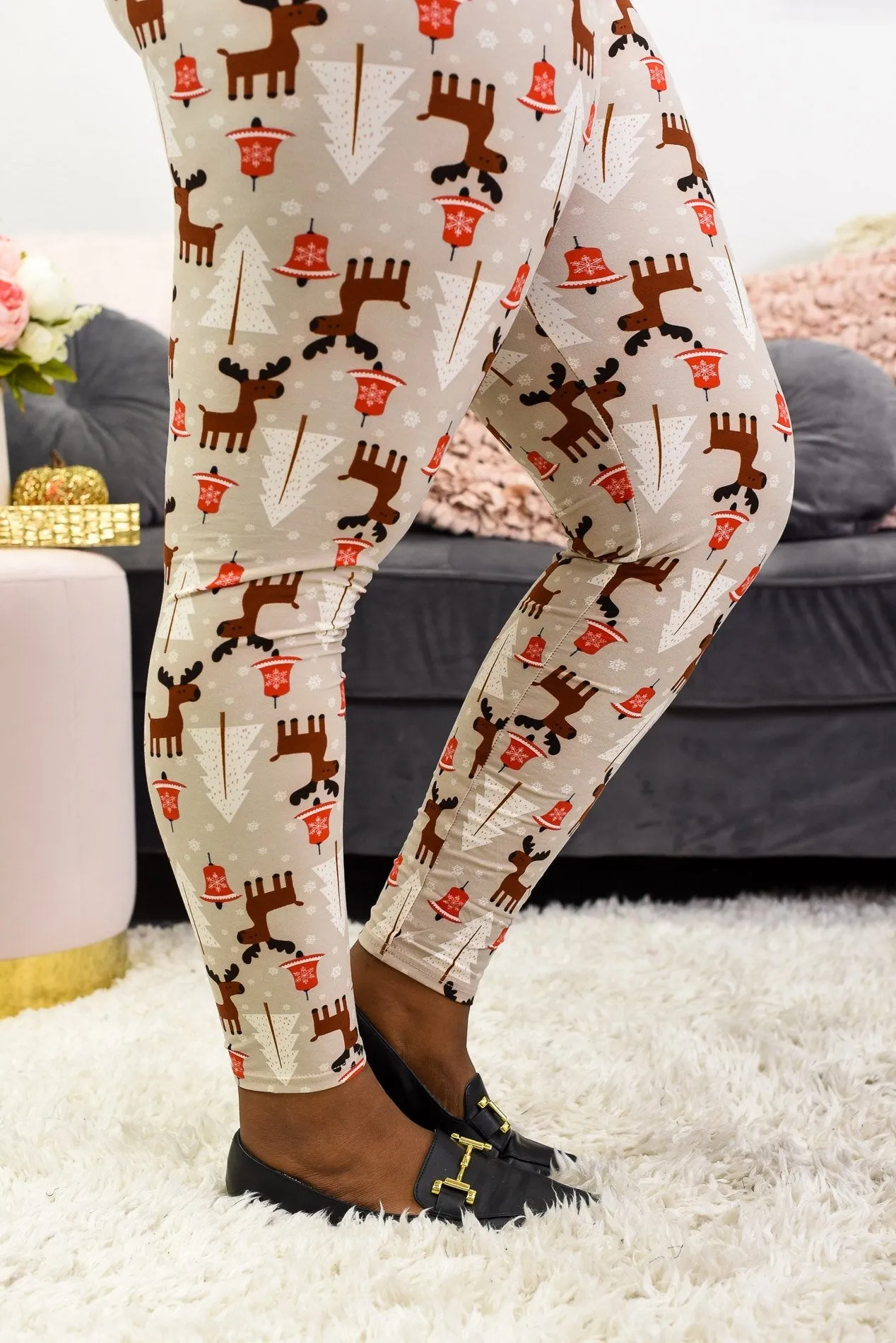 Mocha Reindeer Print Christmas Soft Leggings