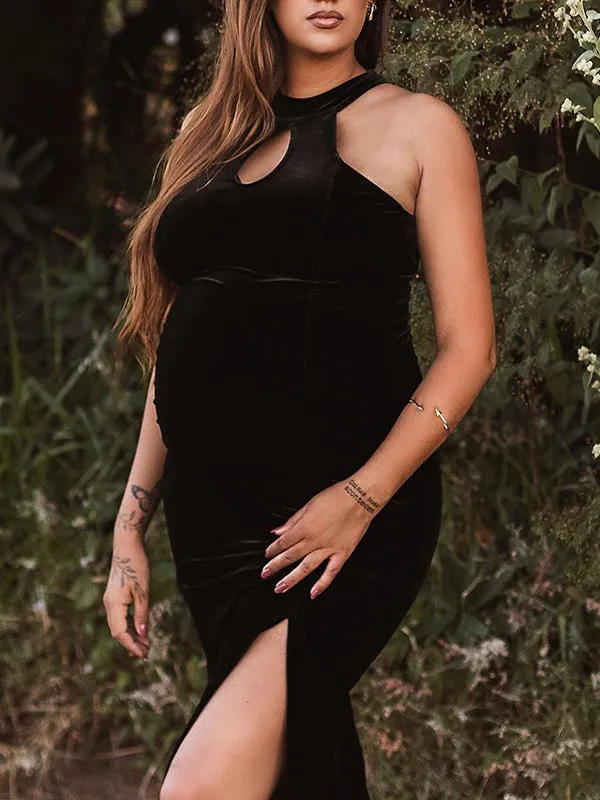 Black Cut Out Side Slit Bodycon Halter Neck Fashion Chic Maternity Maxi Dress