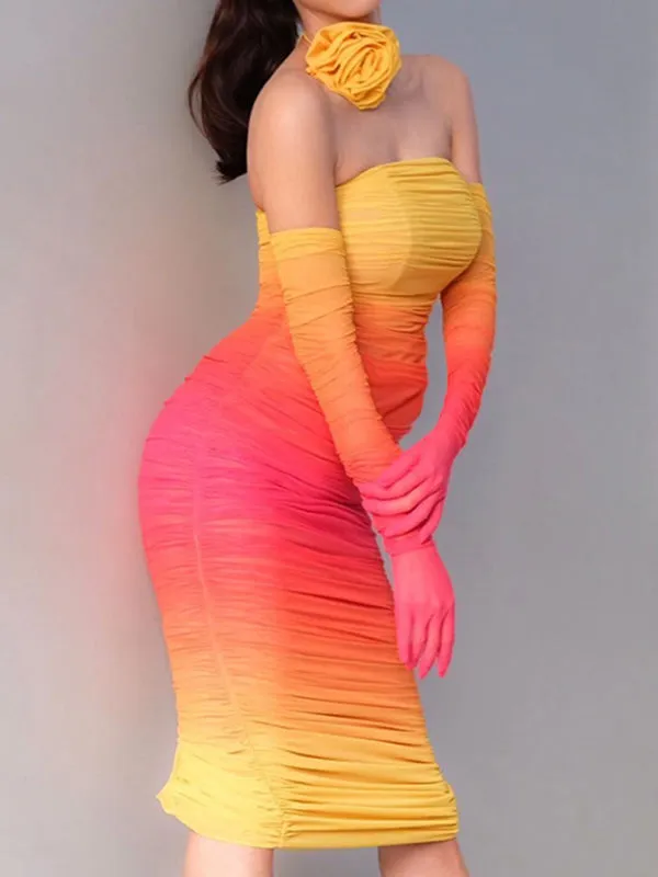 Gradient Color Hit Color Grenadine Ruffle Bodycon Party Maternity Maxi Dress