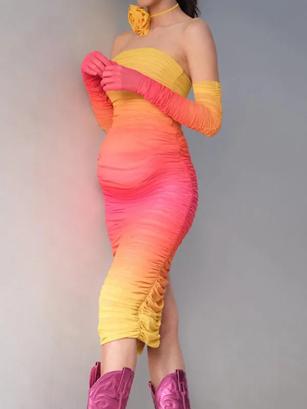 Gradient Color Hit Color Grenadine Ruffle Bodycon Party Maternity Maxi Dress