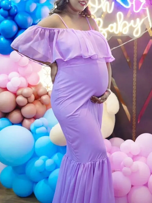 Purple Off Shoulder Ruffle Fishtail Big Swing Maternity Maxi Dress