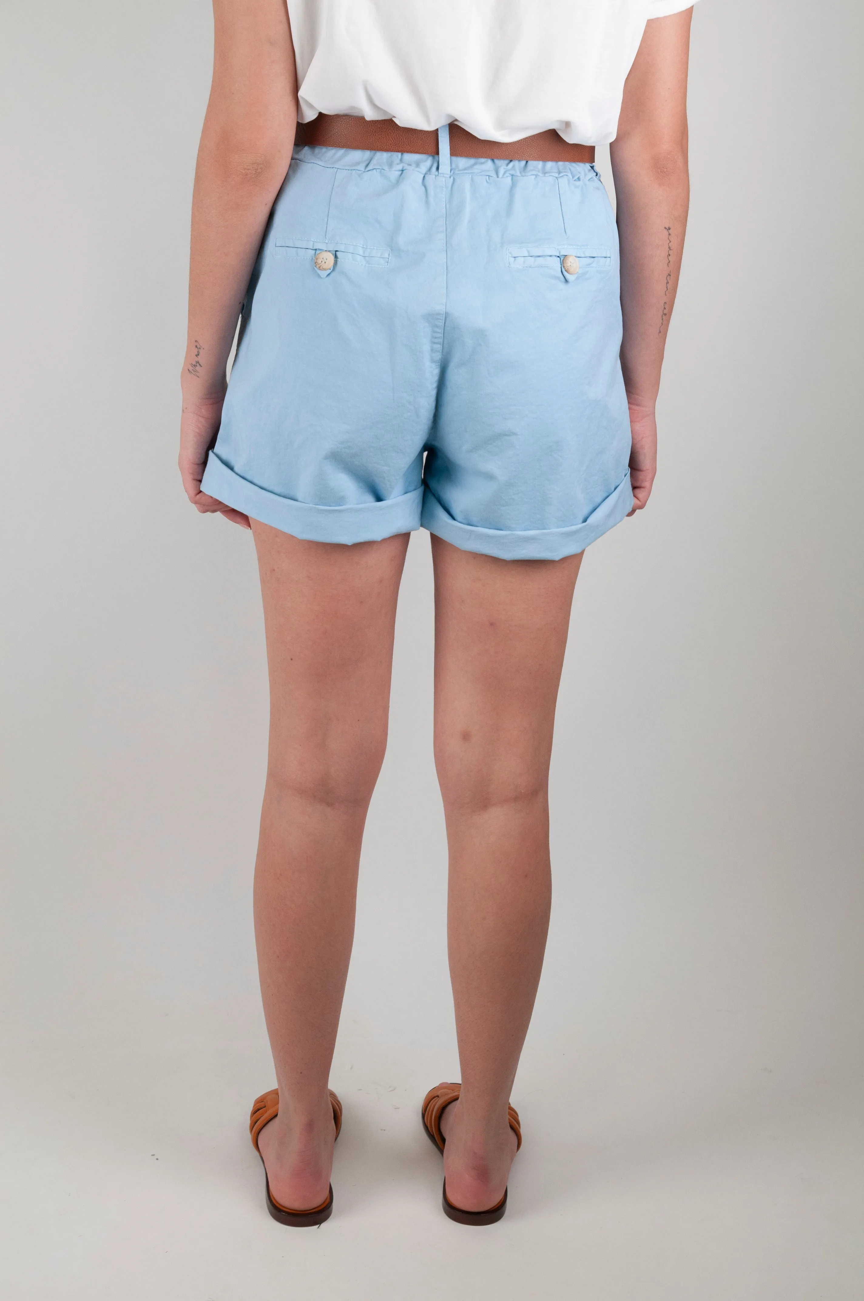 Motel - Elastic Waist Shorts with Frayed Pocket