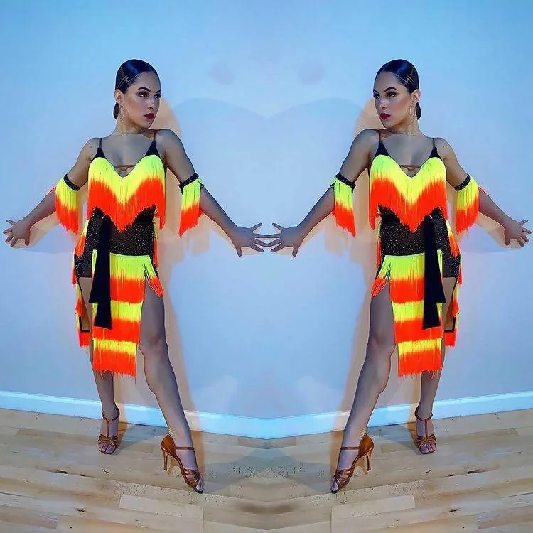 Multicolor Fringe Latin Dance Dress - Sponsored