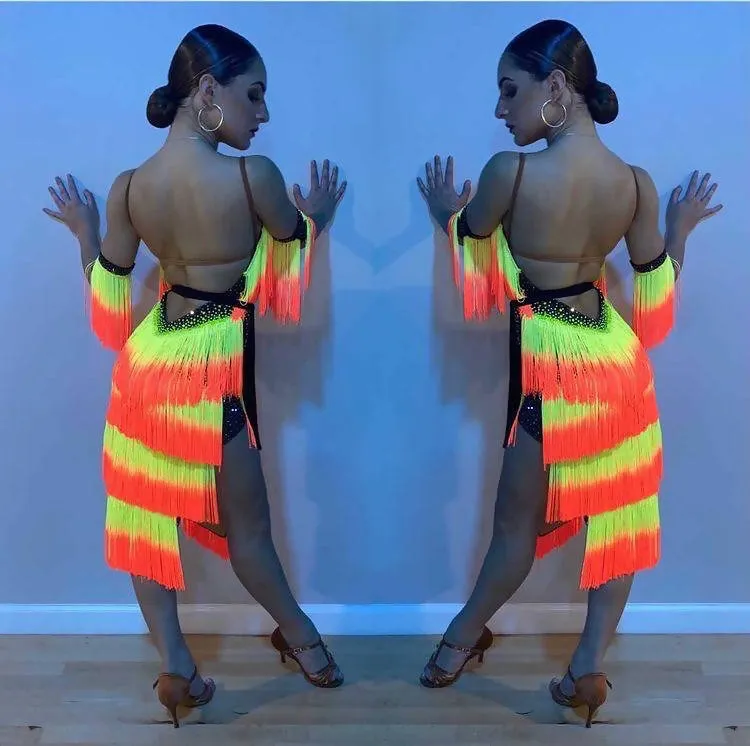 Multicolor Fringe Latin Dance Dress - Sponsored