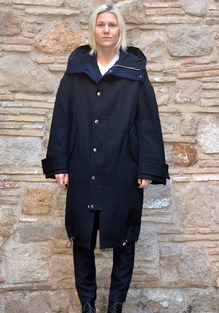 Navy blue hooded cocoon coat - UJOH