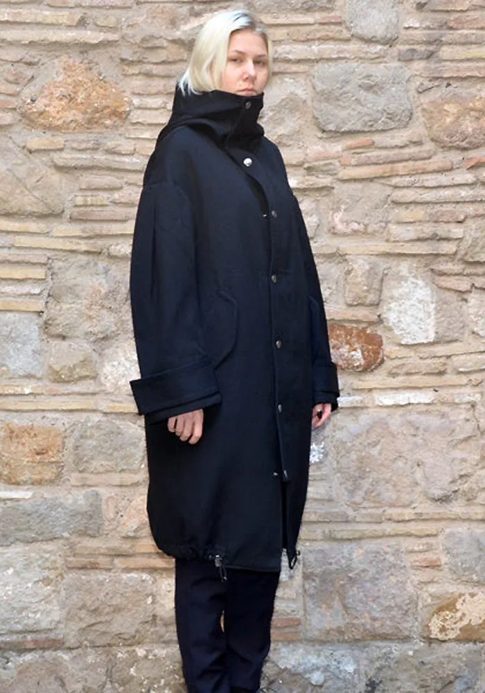 Navy blue hooded cocoon coat - UJOH