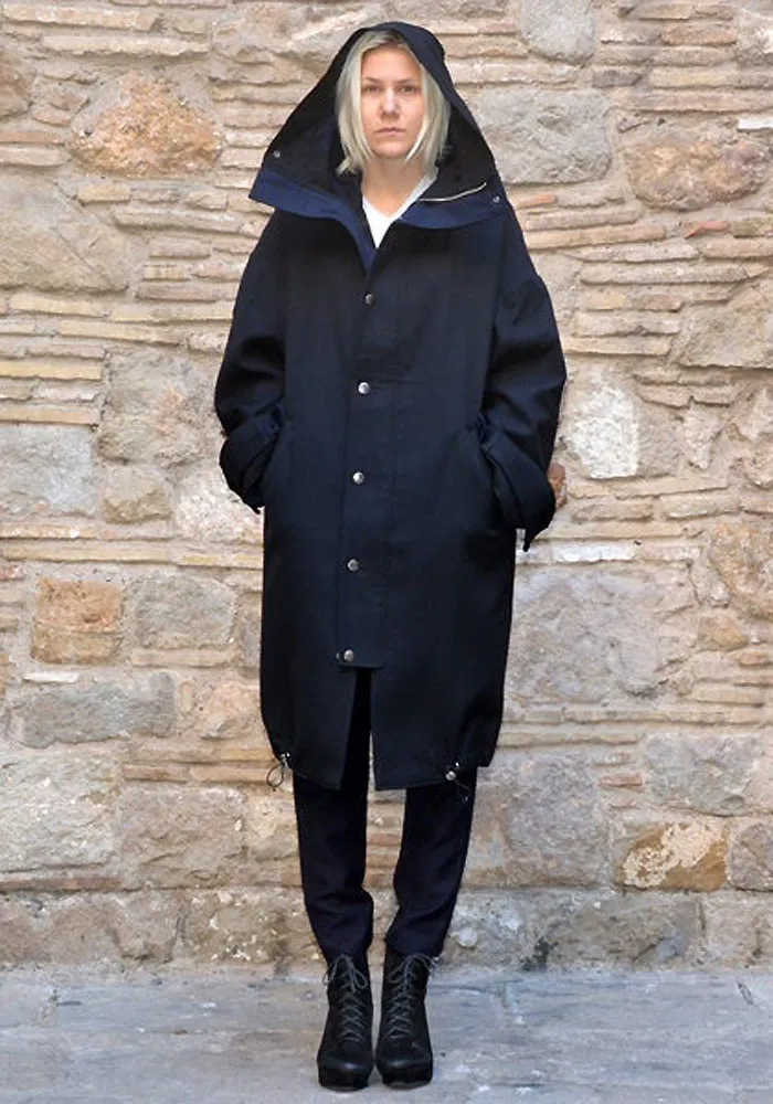 Navy blue hooded cocoon coat - UJOH