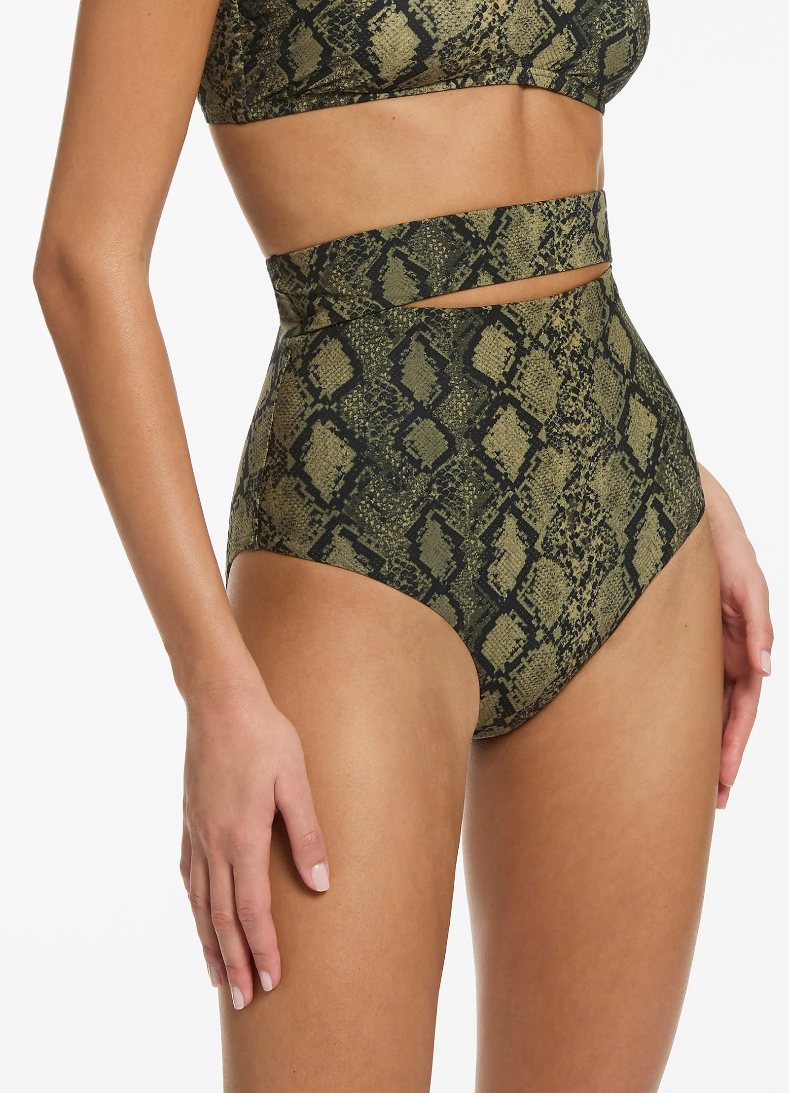 Olive Python Bikini Bottom with Ultra High Waist Splice