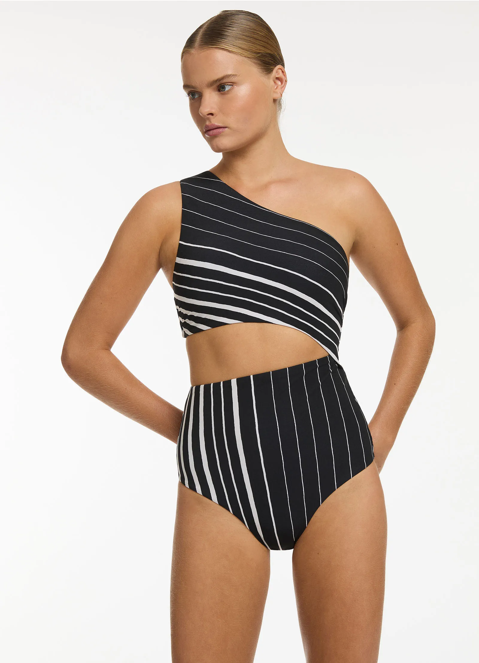 One Shoulder Cut Out One Piece Swimsuit in Black/Chalk from Lunar Stripe.