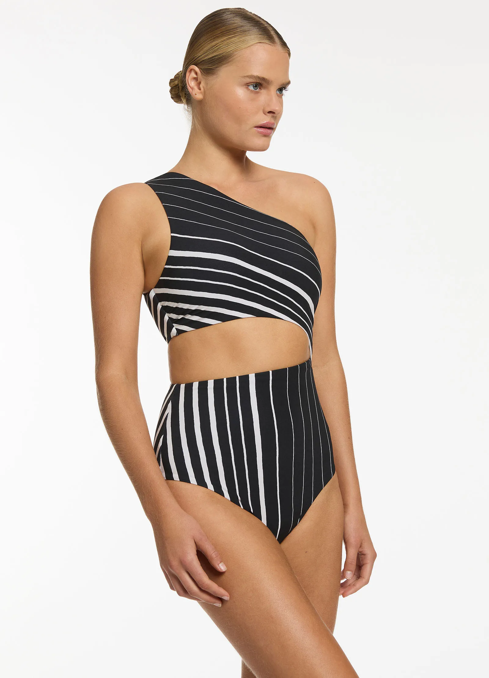 One Shoulder Cut Out One Piece Swimsuit in Black/Chalk from Lunar Stripe.