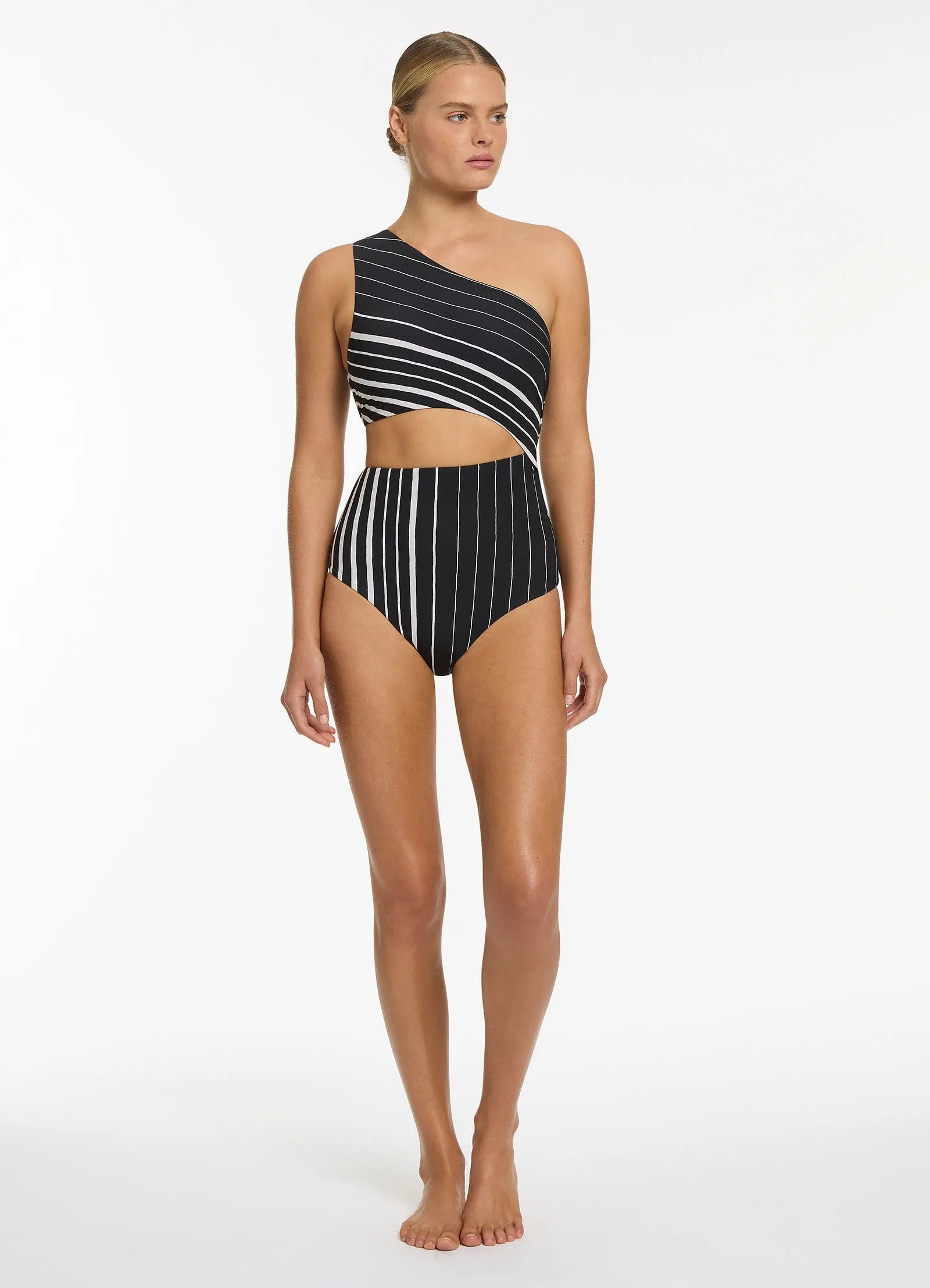 One Shoulder Cut Out One Piece Swimsuit in Black/Chalk from Lunar Stripe.