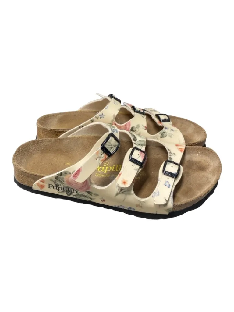 Papillio Cream & Multi Rubber Cork Floral 3 Strap Slides Shoes in Size 8