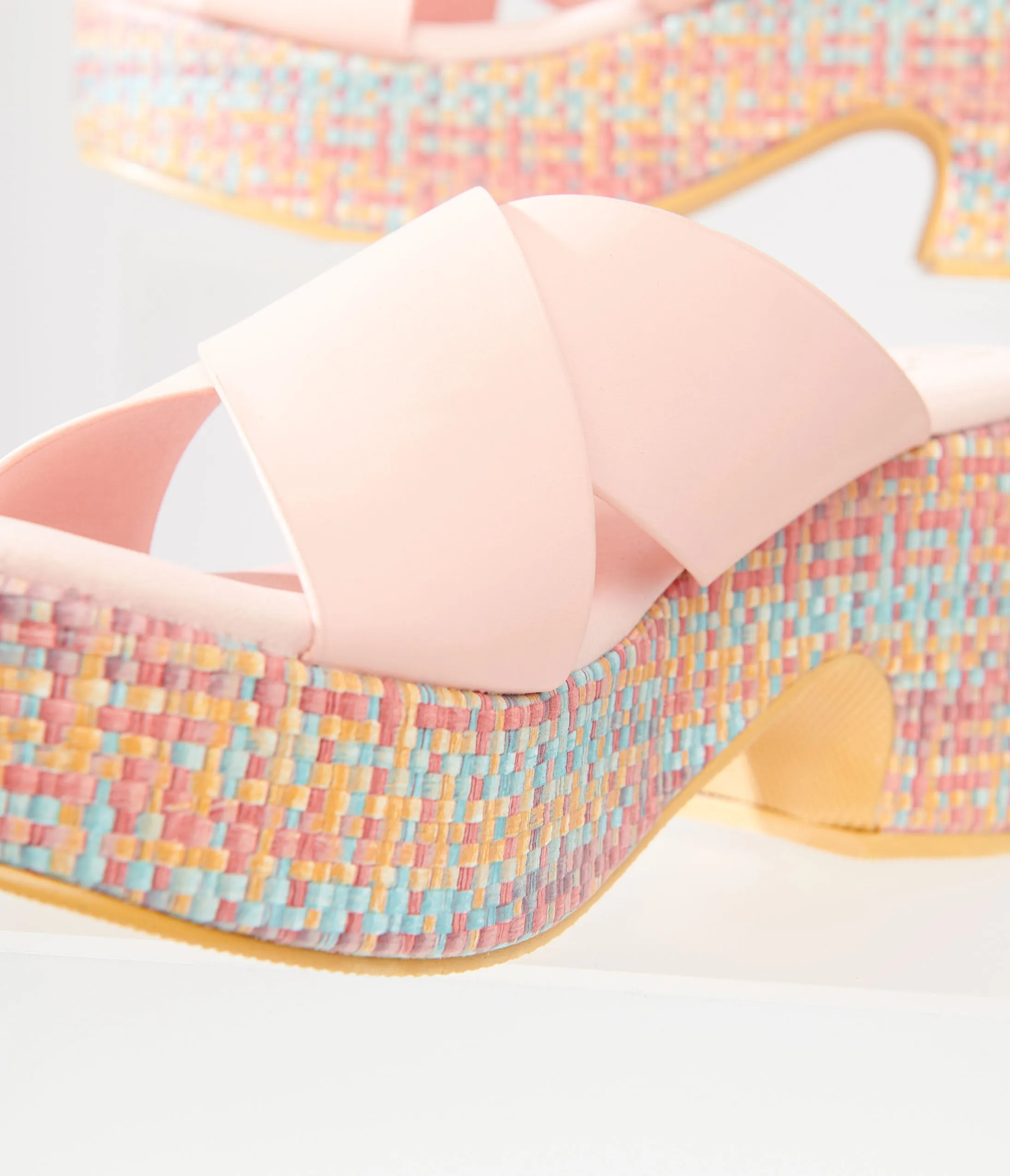 Pink & Rainbow Nellie Platform Sandals - 1970s Vintage Woven Style