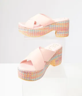 Pink & Rainbow Nellie Platform Sandals - 1970s Vintage Woven Style