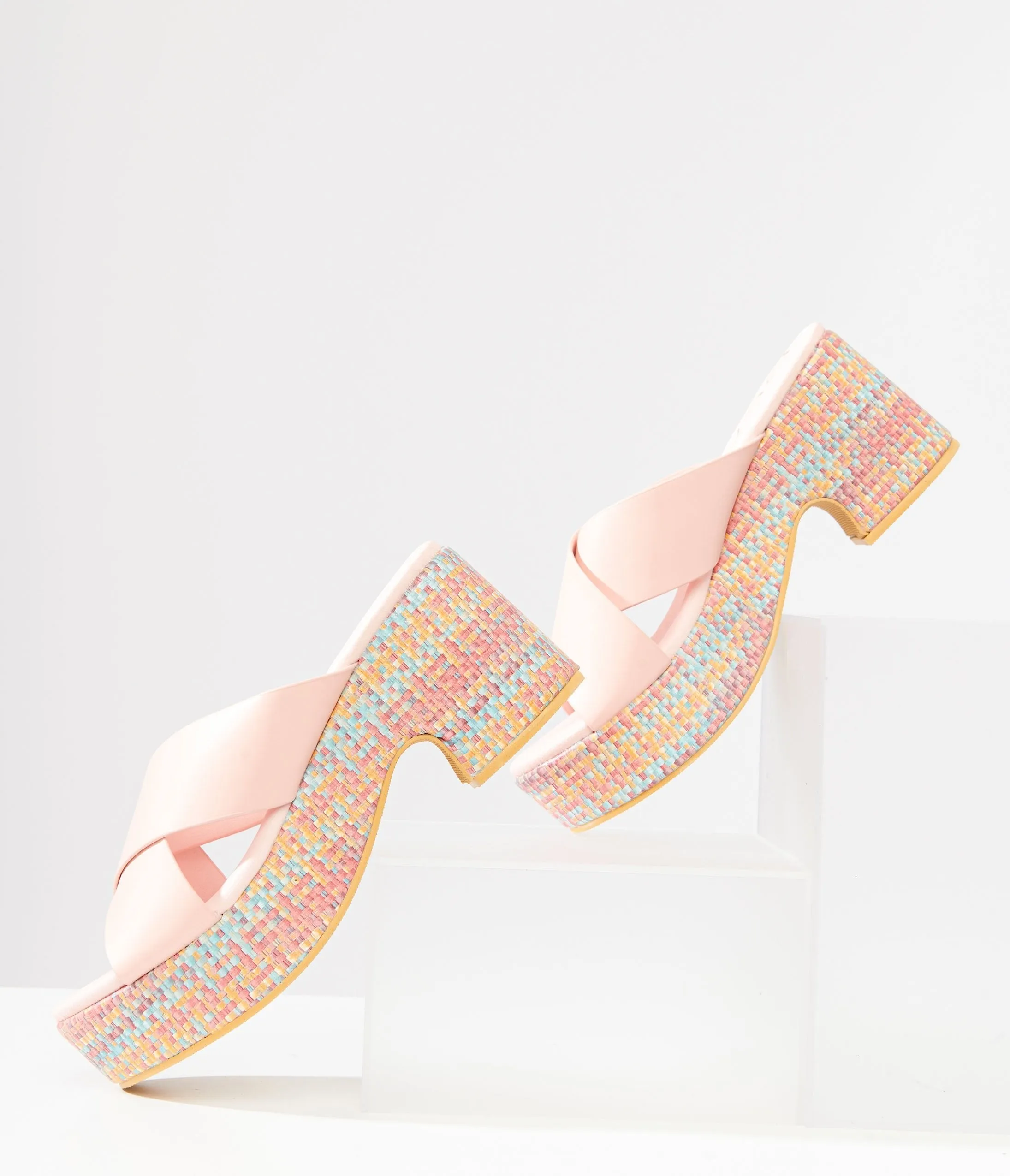 Pink & Rainbow Nellie Platform Sandals - 1970s Vintage Woven Style