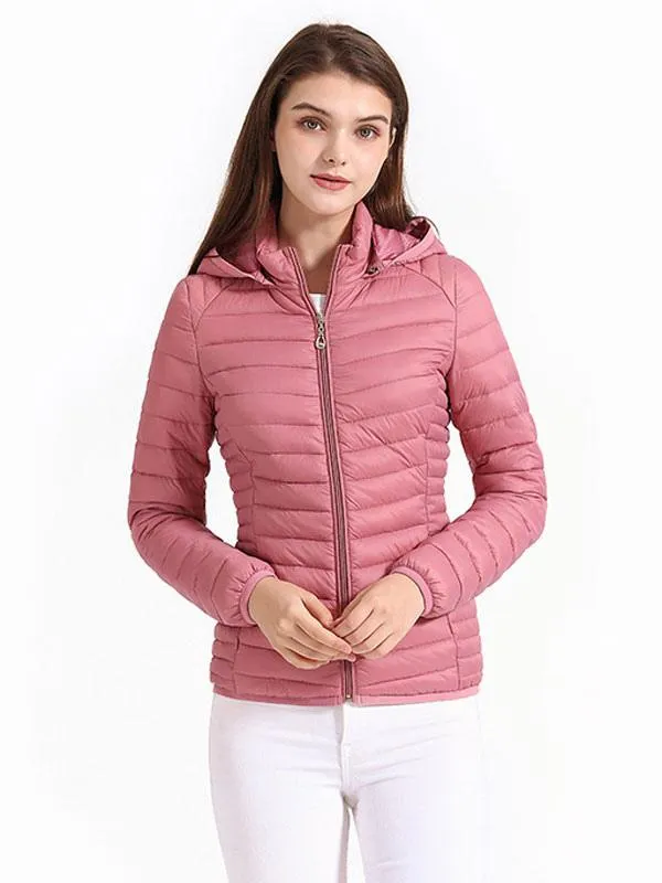 Pink Puffer Coat with Hood - Women's Cotton Winter Outerwear Warmth