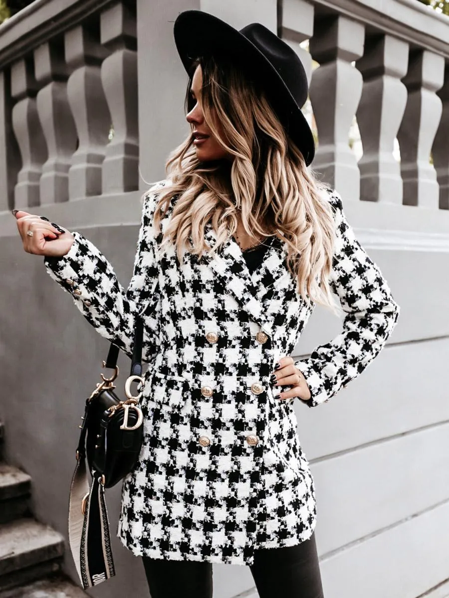 Plaid Coat with Padded Shoulders, Lapel, Double Breasted - Fall Winter Outerwear