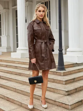 PU Leather Trench Coat with Turndown Collar and Long Sleeves for Fall Outerwear