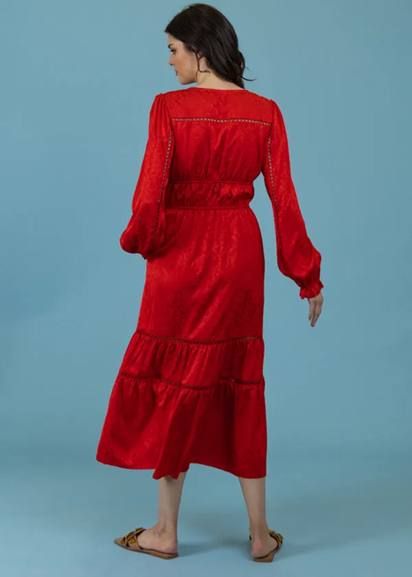 Red silk jacquard dress.