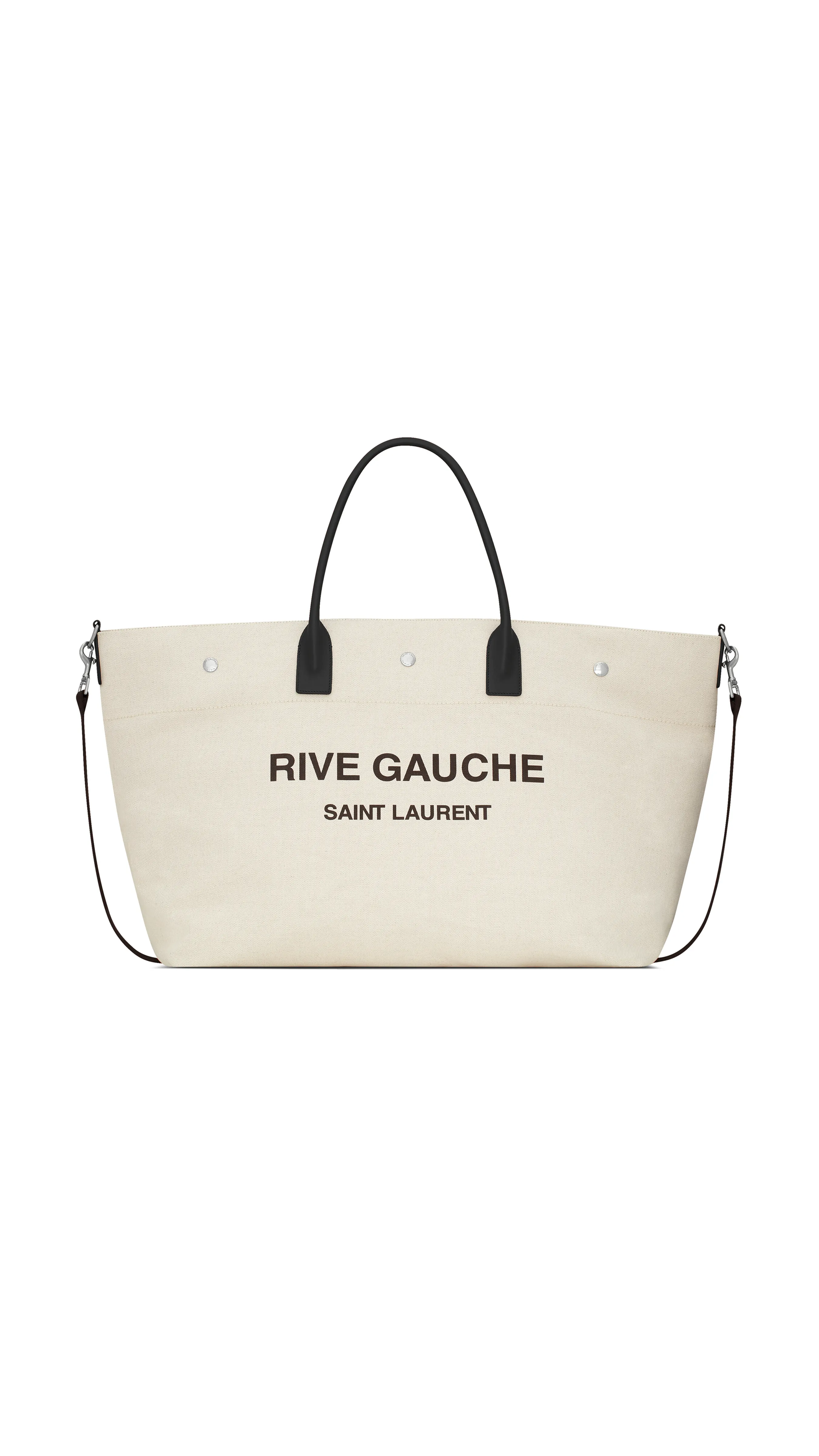 Rive Gauche Maxi Shopping Bag Printed Canvas Smooth Leather Grege Et Noir