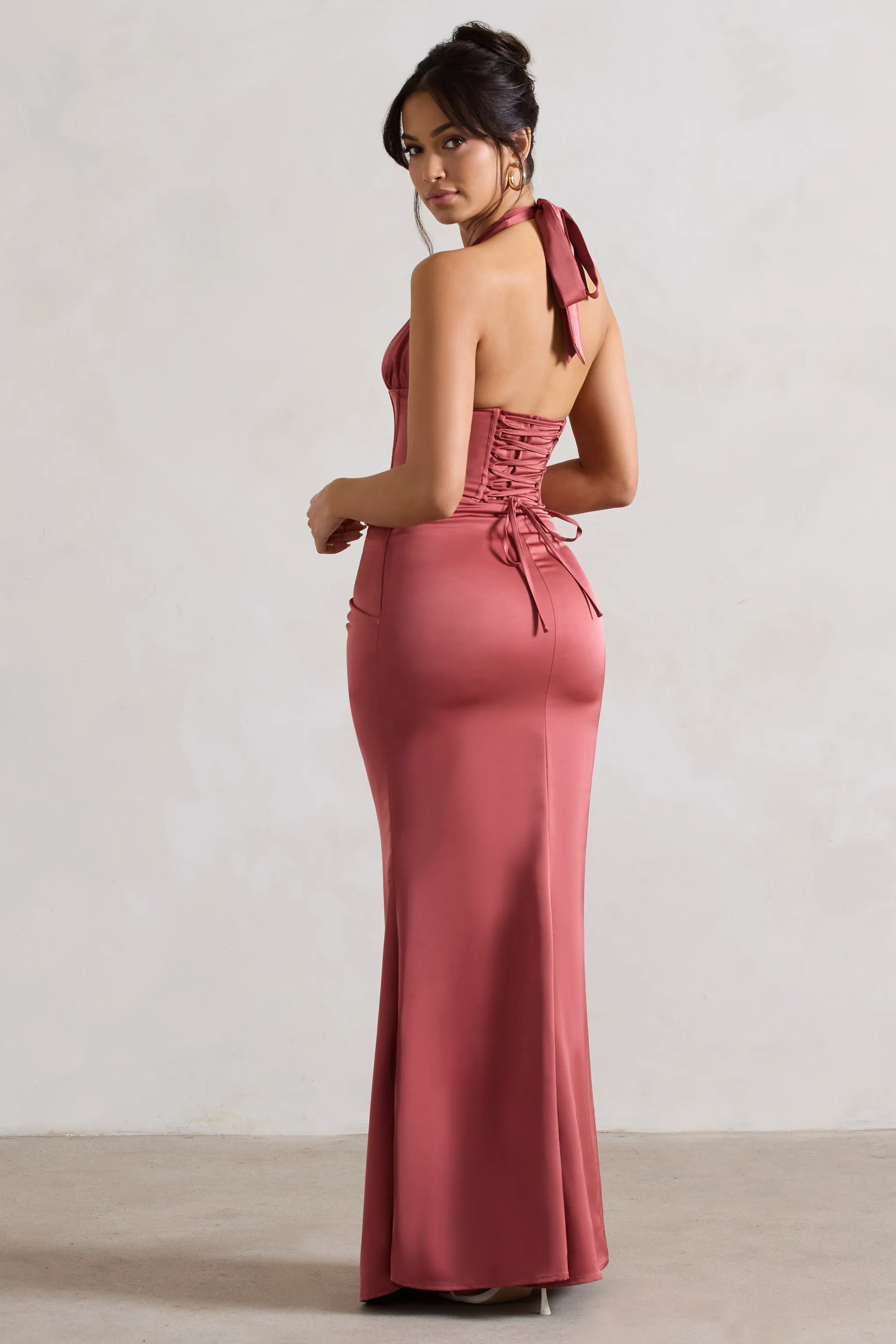 Sacha Rose Pink Satin Corset Maxi Dress With Wrap Skirt