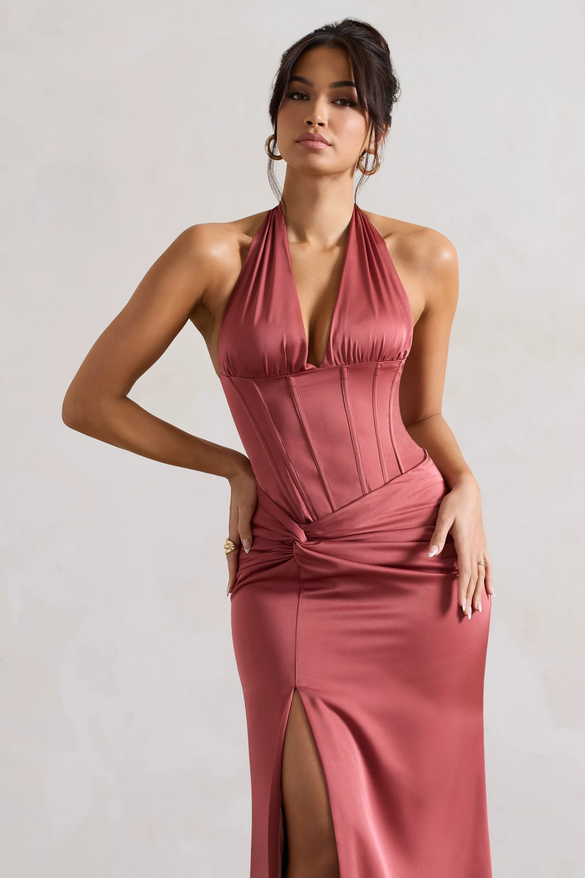 Sacha Rose Pink Satin Corset Maxi Dress With Wrap Skirt