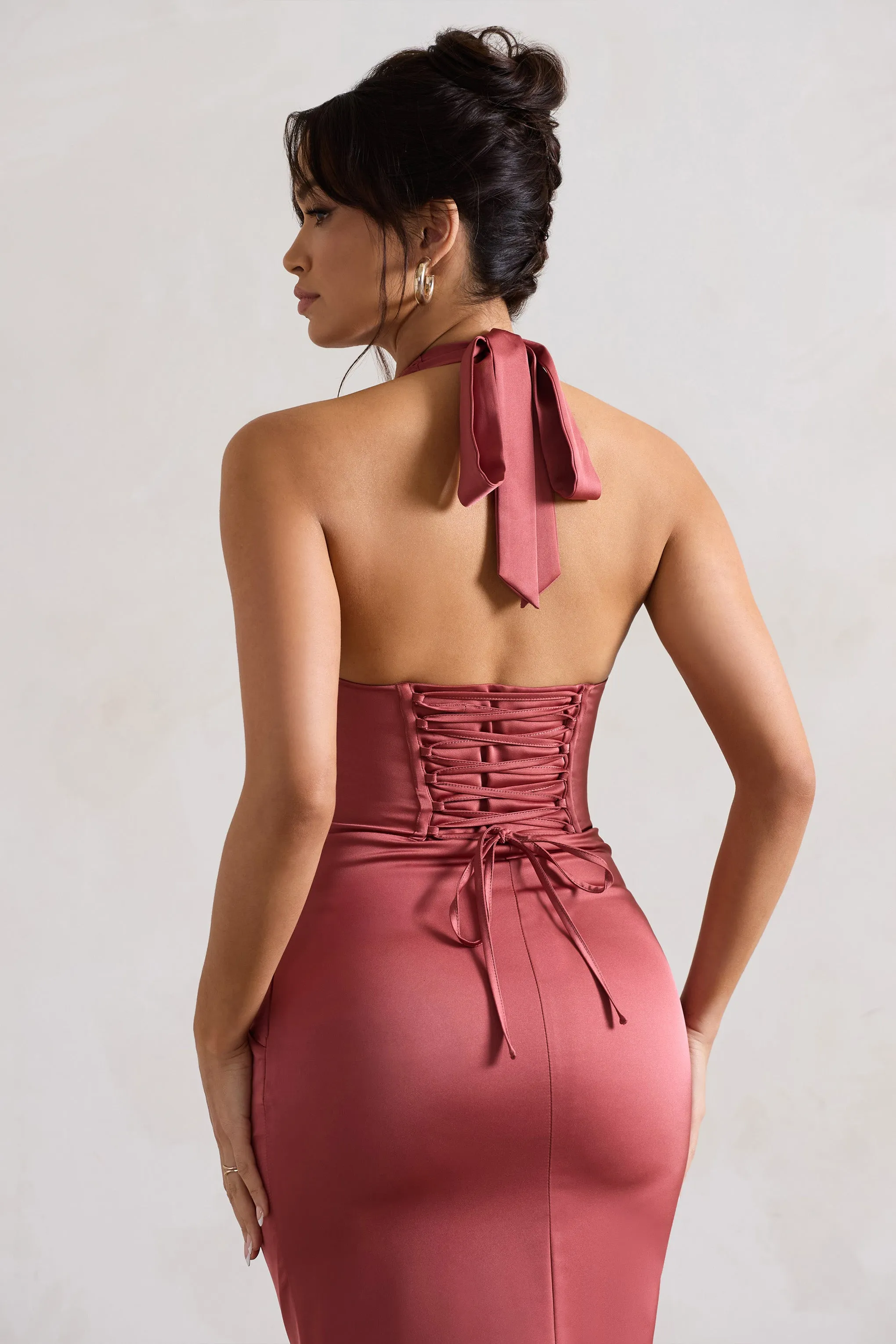 Sacha Rose Pink Satin Corset Maxi Dress With Wrap Skirt