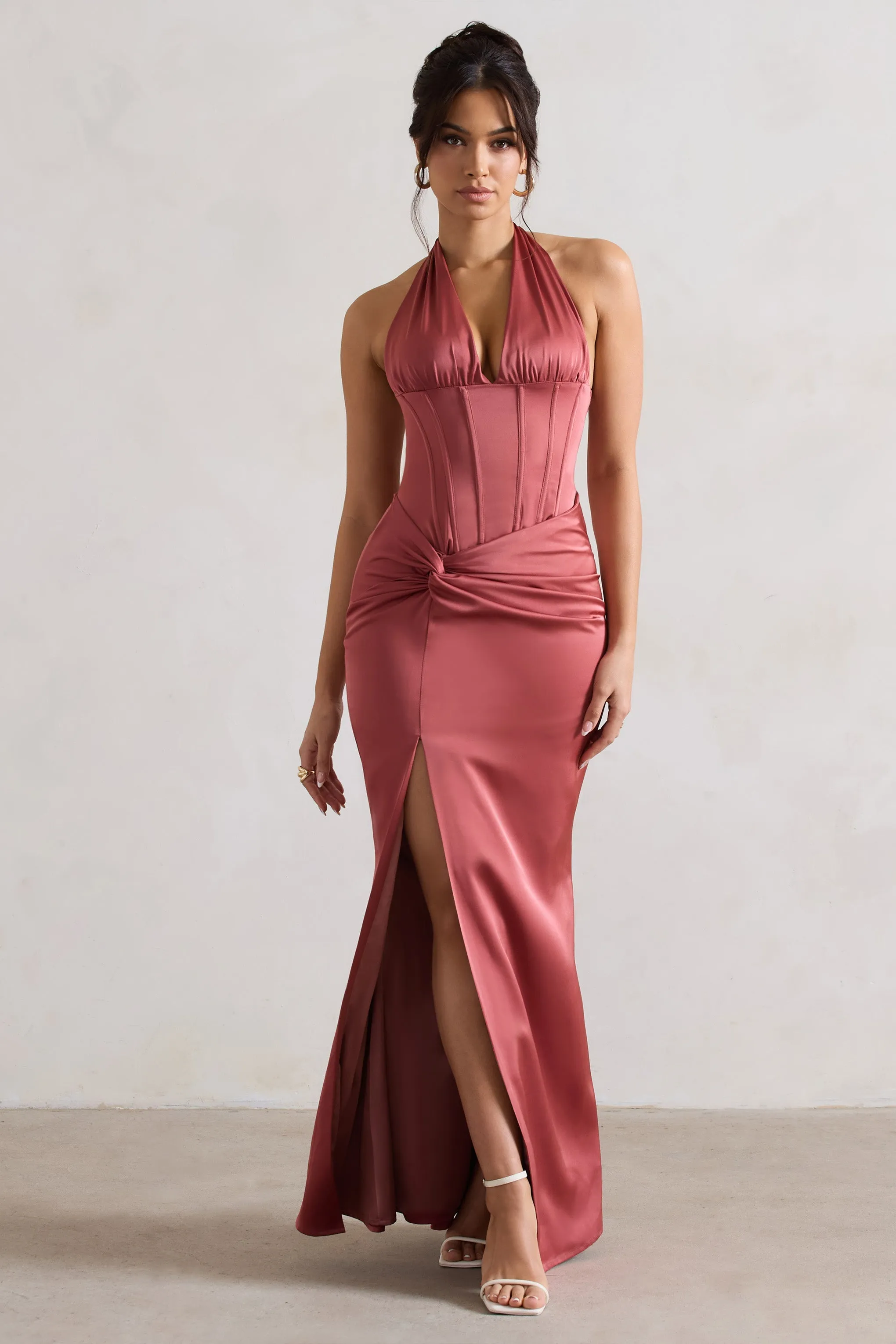 Sacha Rose Pink Satin Corset Maxi Dress With Wrap Skirt