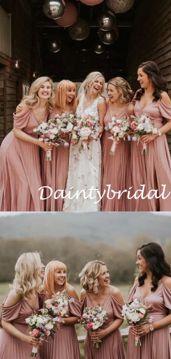 Simple Long Bridesmaid Dresses with Spaghetti Strap V-neck and Side Slit