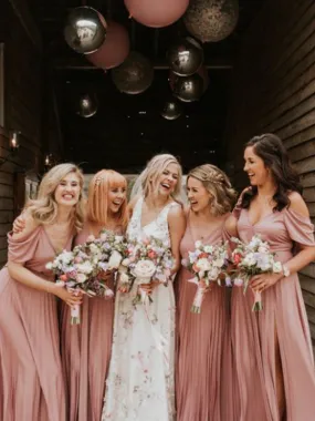 Simple Long Bridesmaid Dresses with Spaghetti Strap V-neck and Side Slit