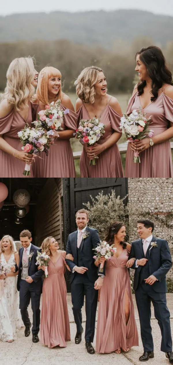 Simple Long Bridesmaid Dresses with Spaghetti Strap V-neck and Side Slit