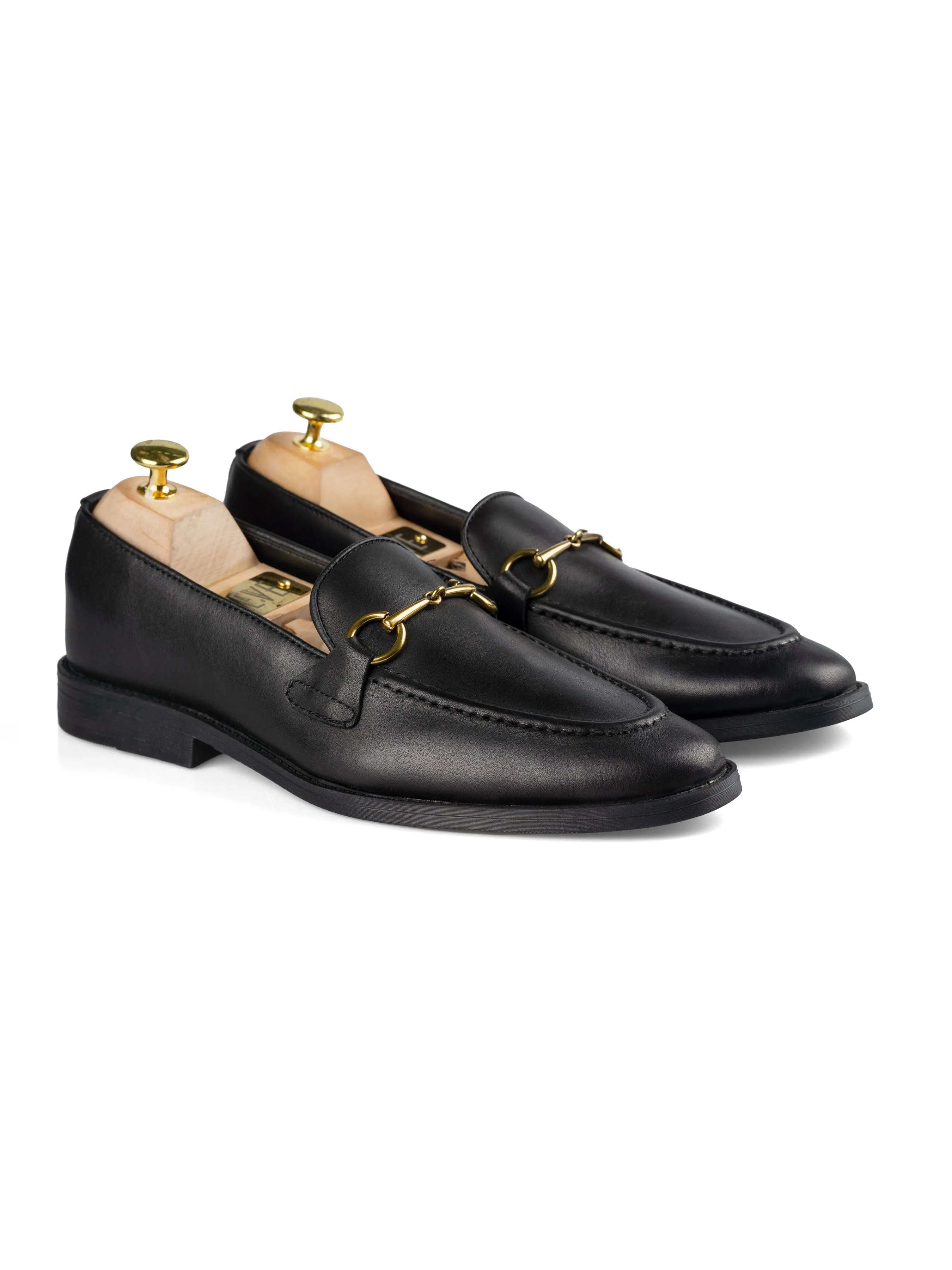 Solid Black Leather Horsebit Buckle Loafer with Flexi-Sole