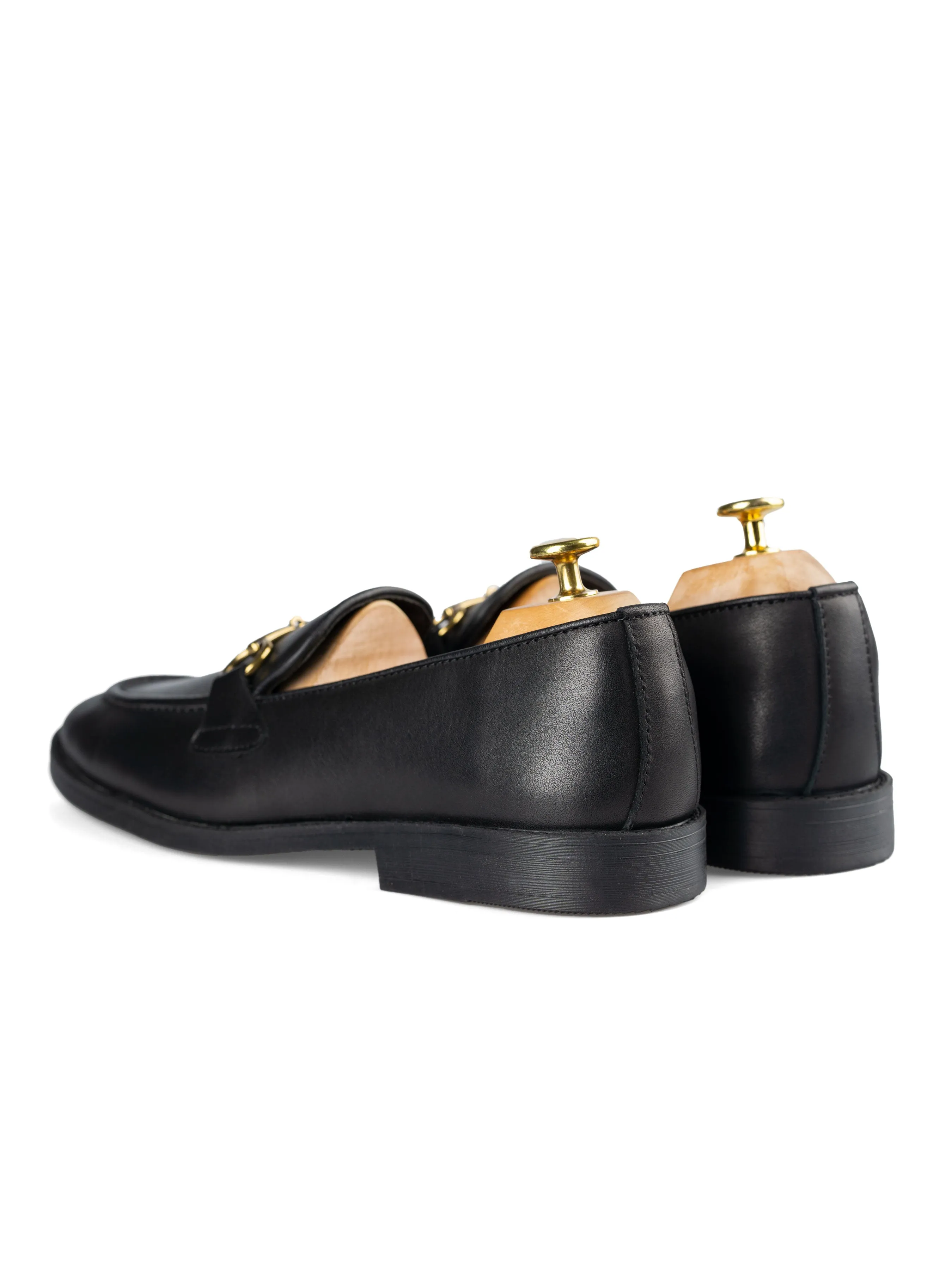 Solid Black Leather Horsebit Buckle Loafer with Flexi-Sole