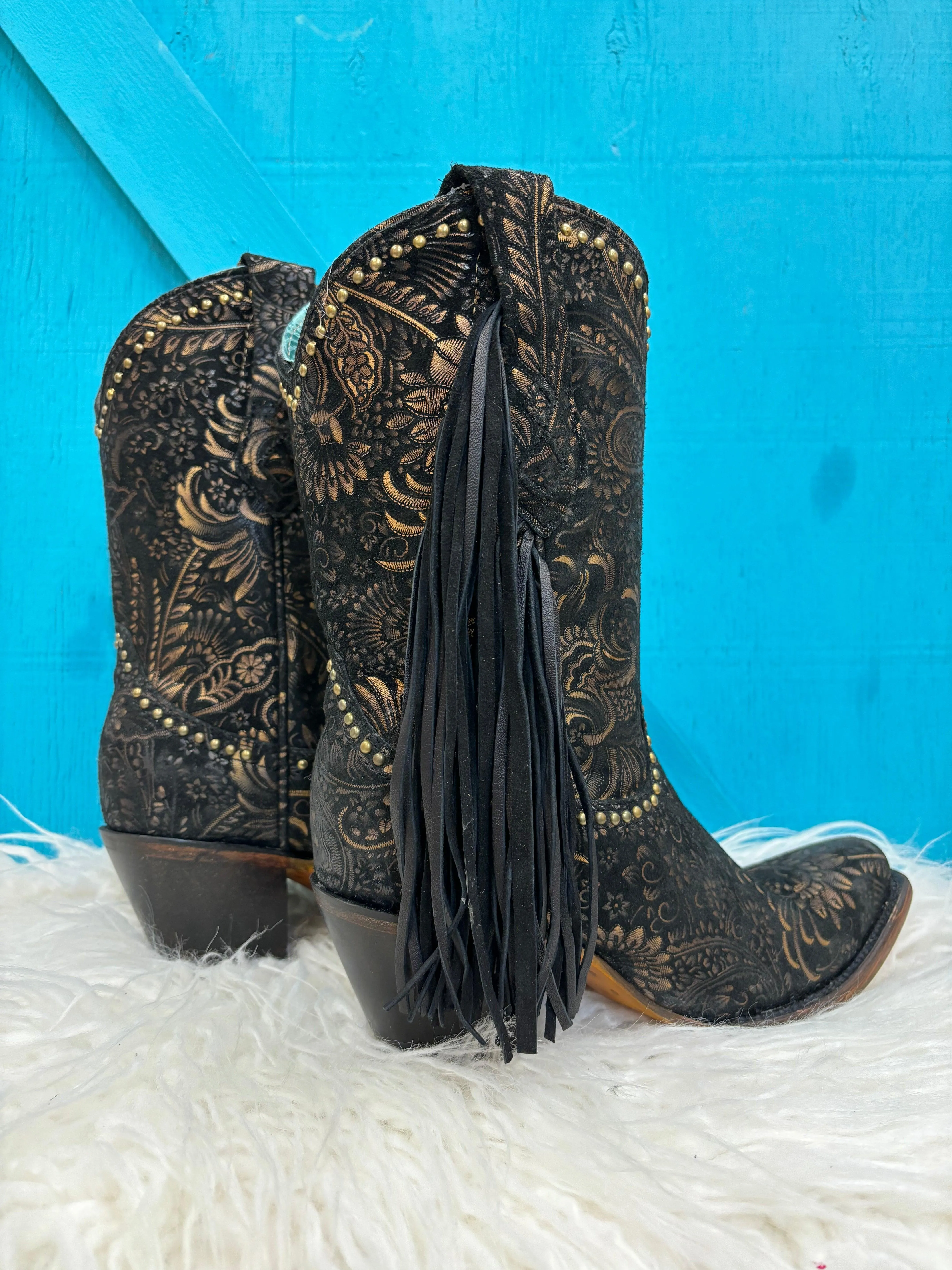 Square Toe Cowgirl Boots Black Gold Stamped Floral Suede A4492 - Corral Women's