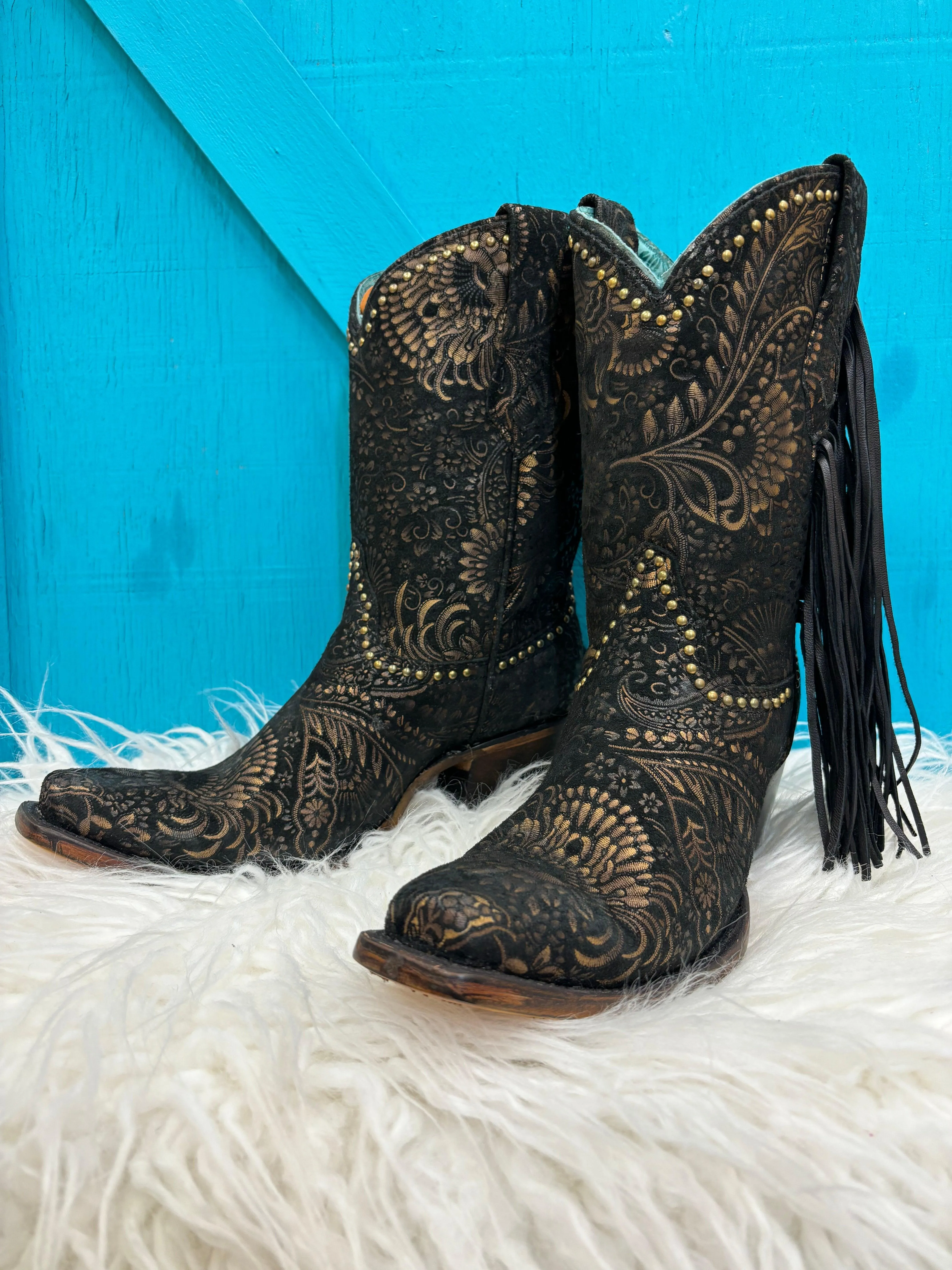 Square Toe Cowgirl Boots Black Gold Stamped Floral Suede A4492 - Corral Women's