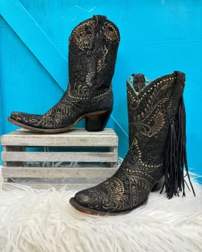 Square Toe Cowgirl Boots Black Gold Stamped Floral Suede A4492 - Corral Women's