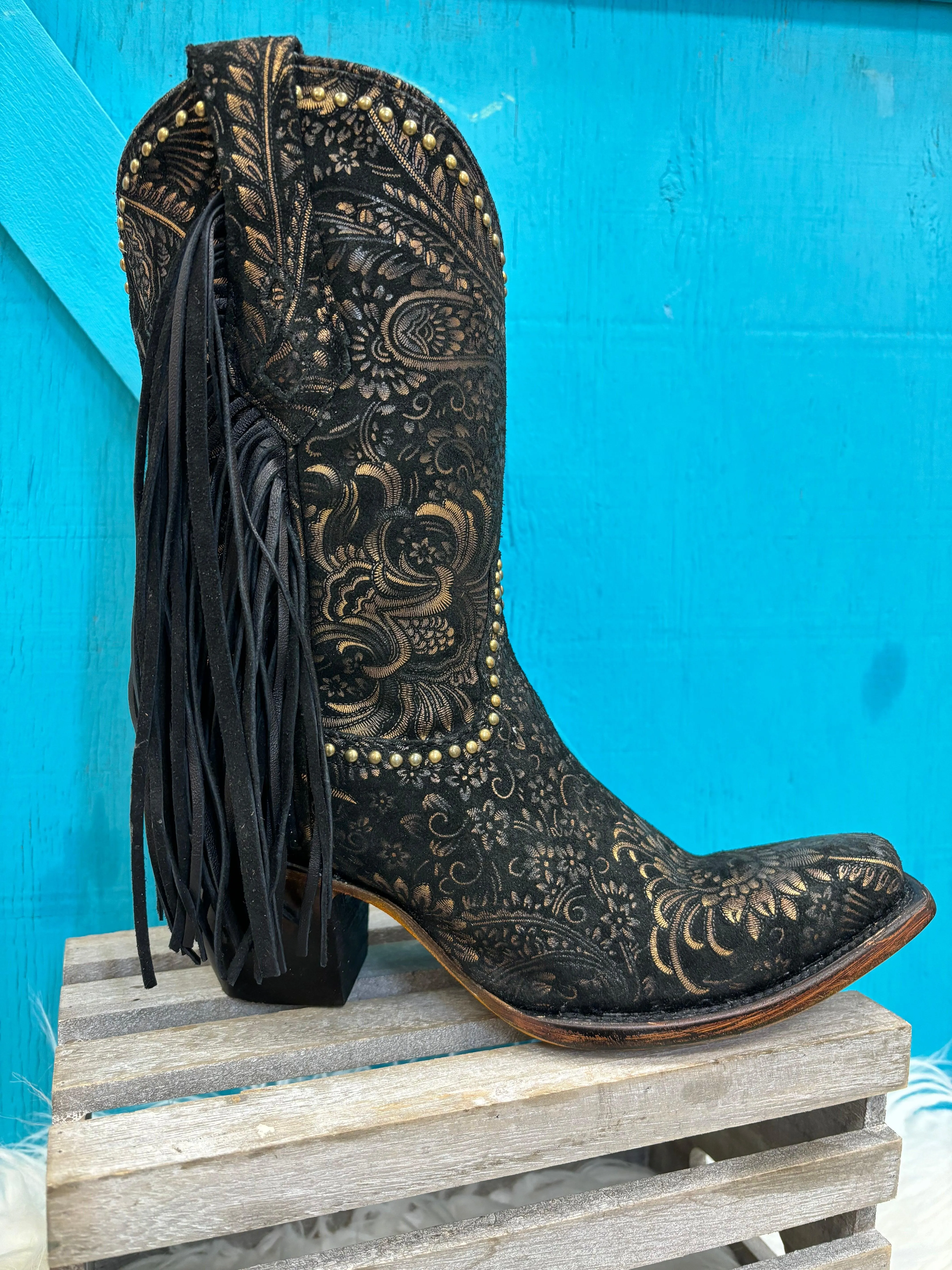 Square Toe Cowgirl Boots Black Gold Stamped Floral Suede A4492 - Corral Women's