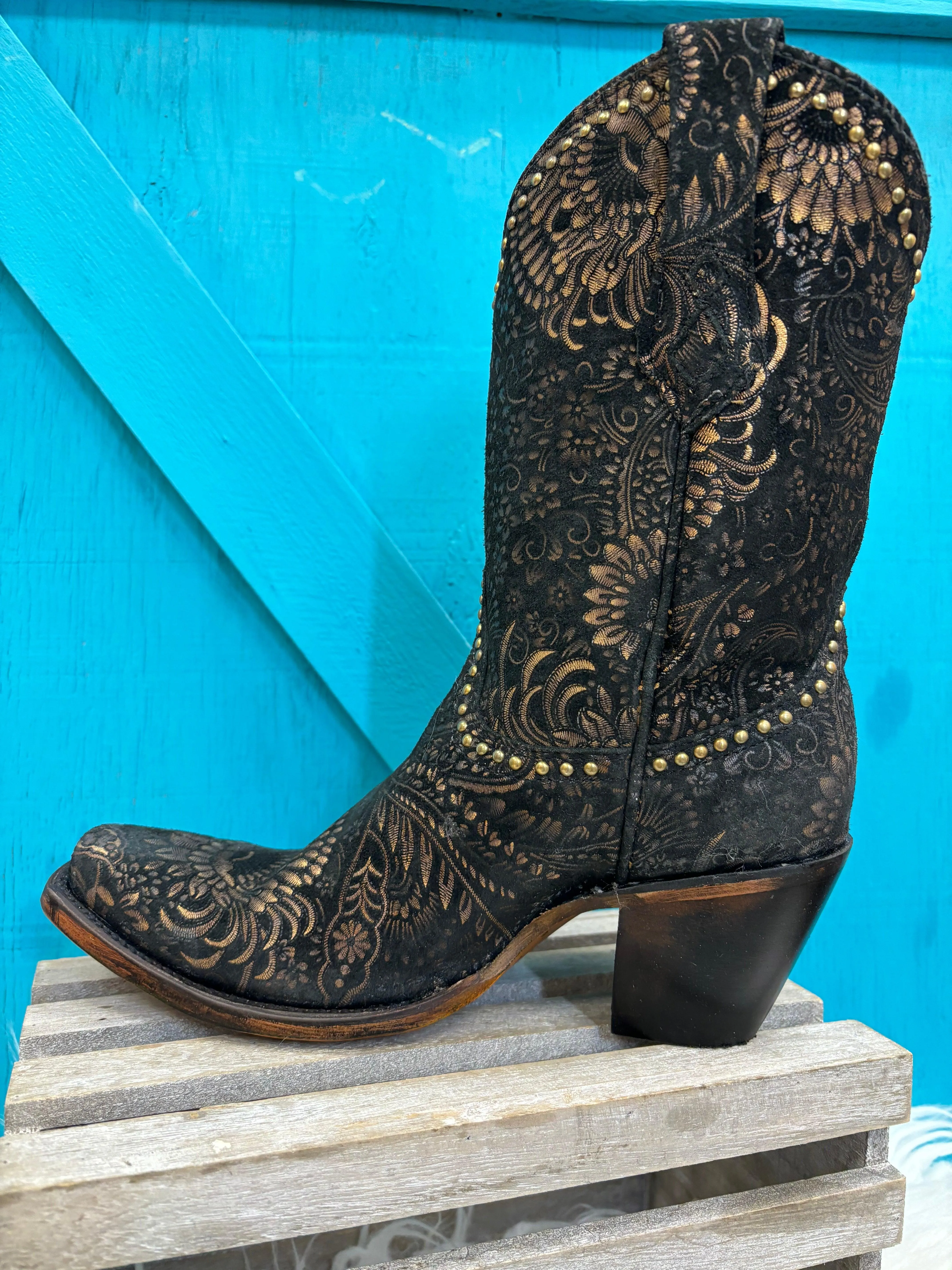 Square Toe Cowgirl Boots Black Gold Stamped Floral Suede A4492 - Corral Women's