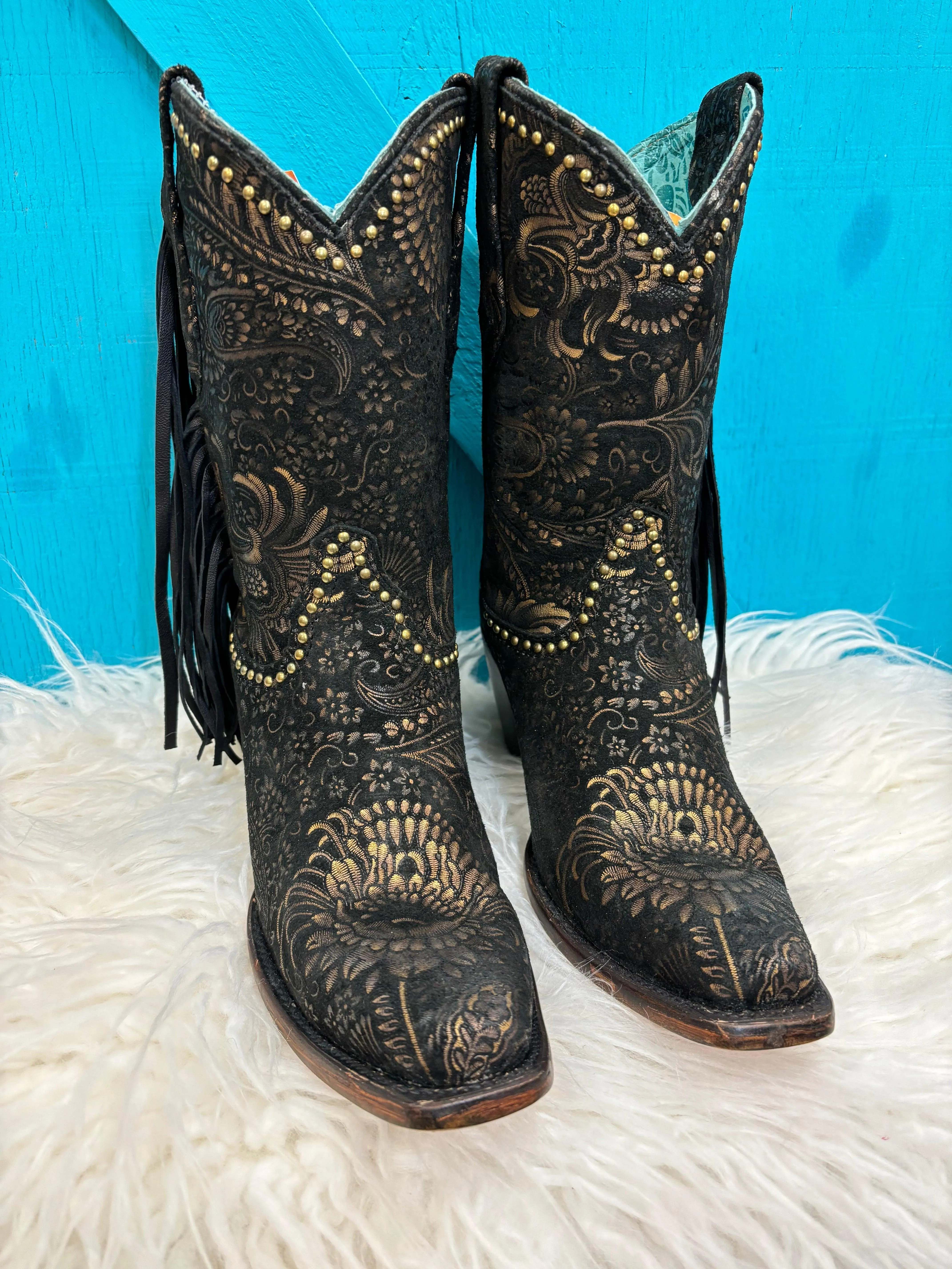 Square Toe Cowgirl Boots Black Gold Stamped Floral Suede A4492 - Corral Women's