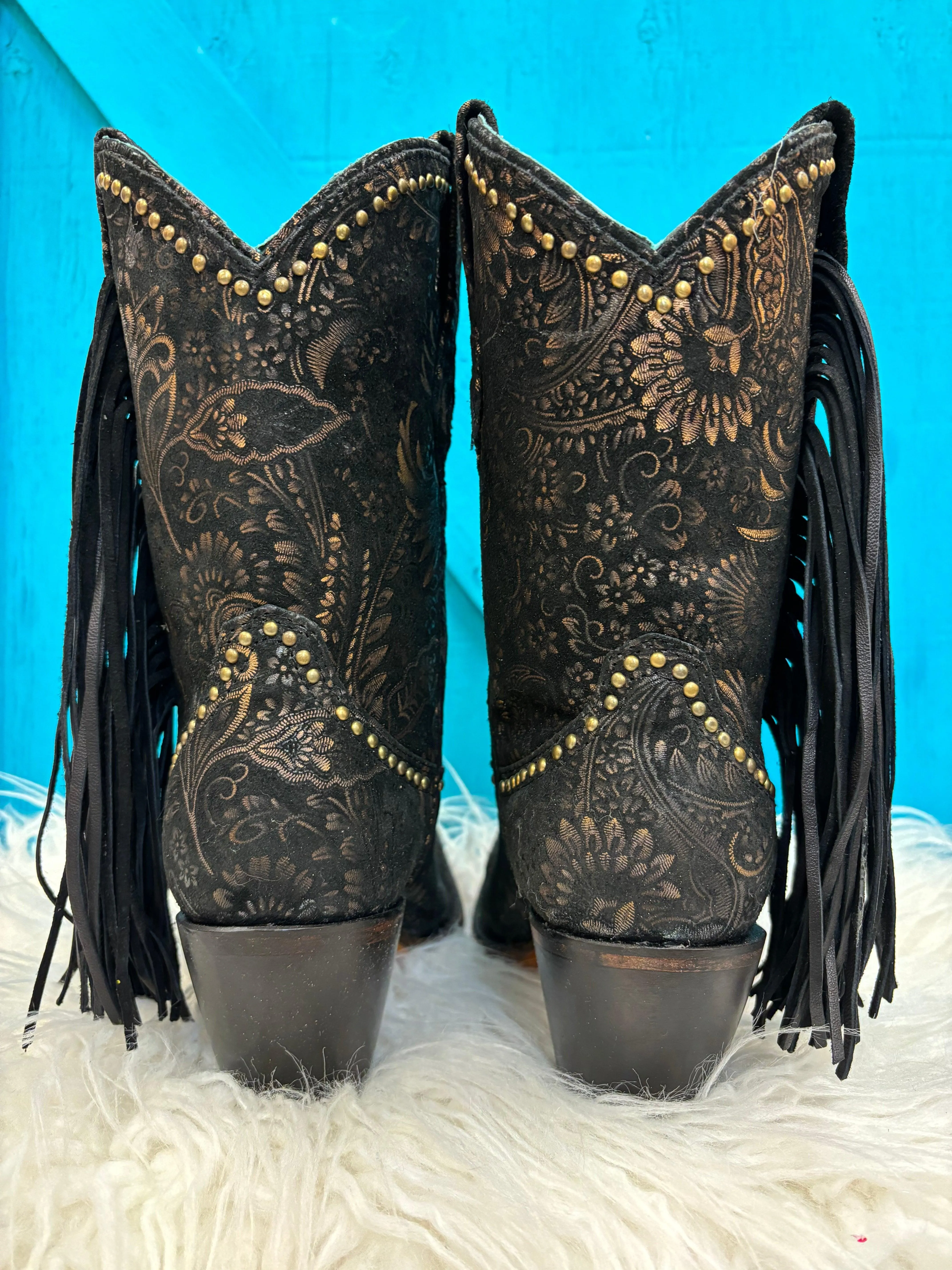 Square Toe Cowgirl Boots Black Gold Stamped Floral Suede A4492 - Corral Women's