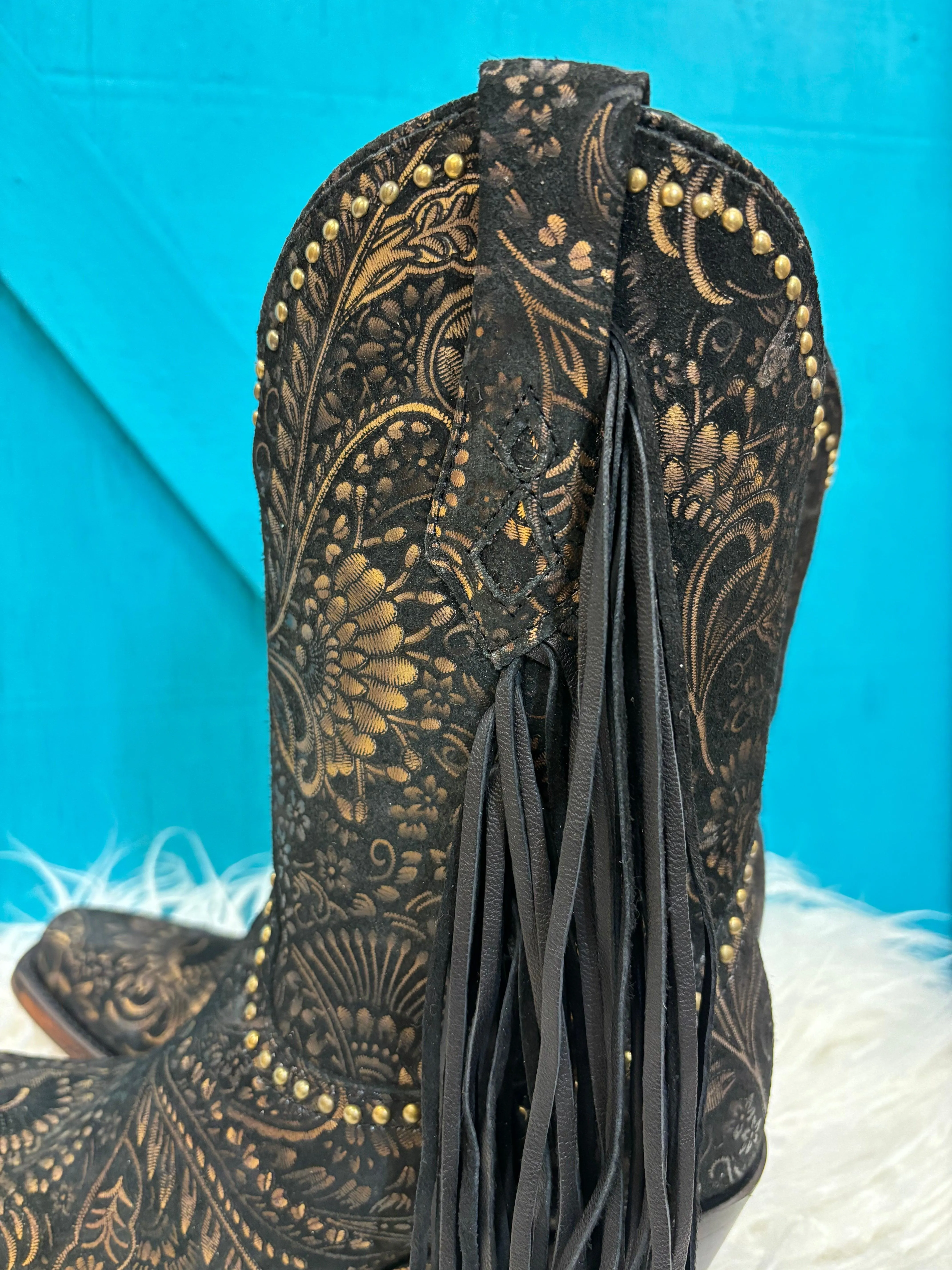 Square Toe Cowgirl Boots Black Gold Stamped Floral Suede A4492 - Corral Women's