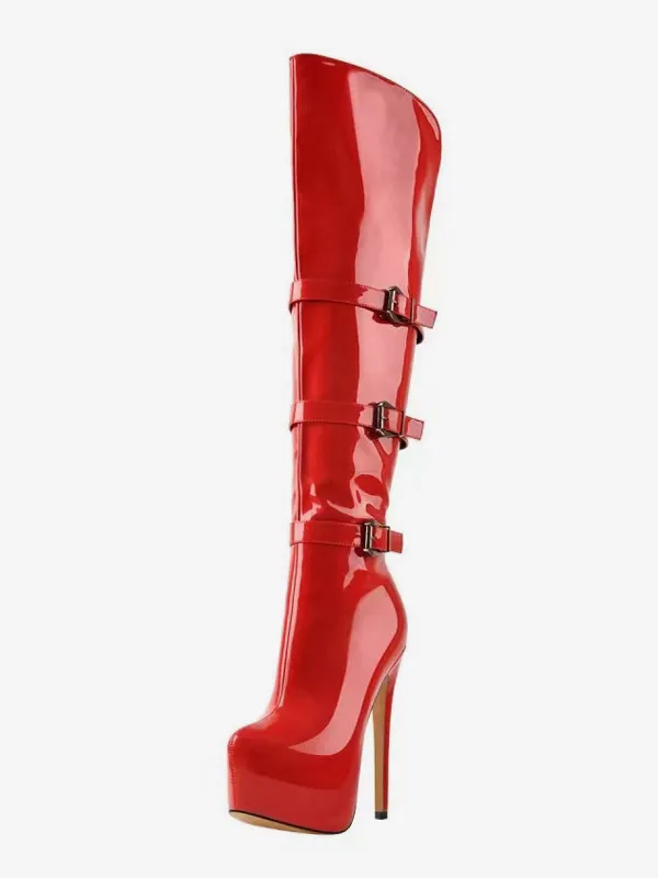 Stiletto Heel Buckle PU Leather Women's Knee-High Boots;