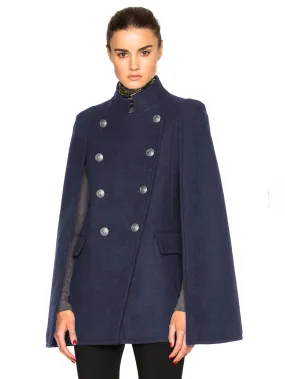 Stylish Navy Wool Poncho Coat with Double Breasted Design for Women - Winter Outerwear 2024