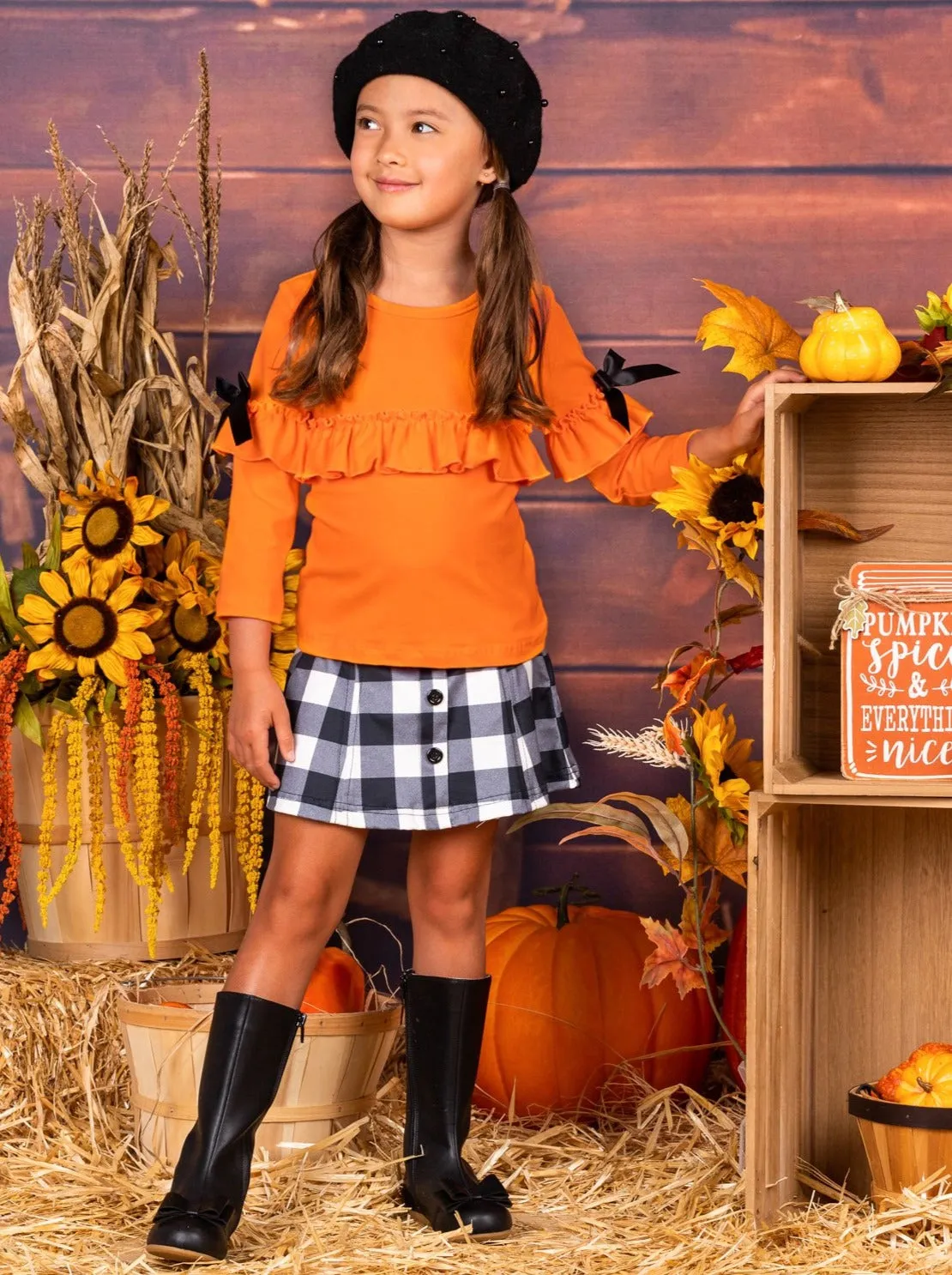 Stylish Pumpkin Plaid Skirt Ensemble